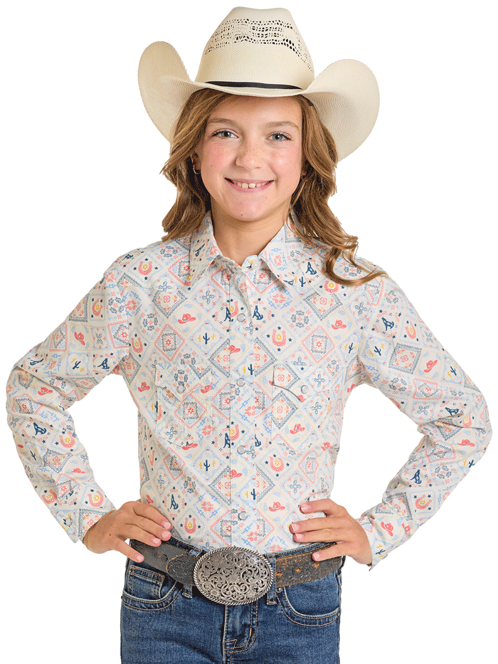 Panhandle LGN2S06806 Girls Long Sleeve Snap Button Shirt Ivory - Perfect for School, Playdates & Special Occasions