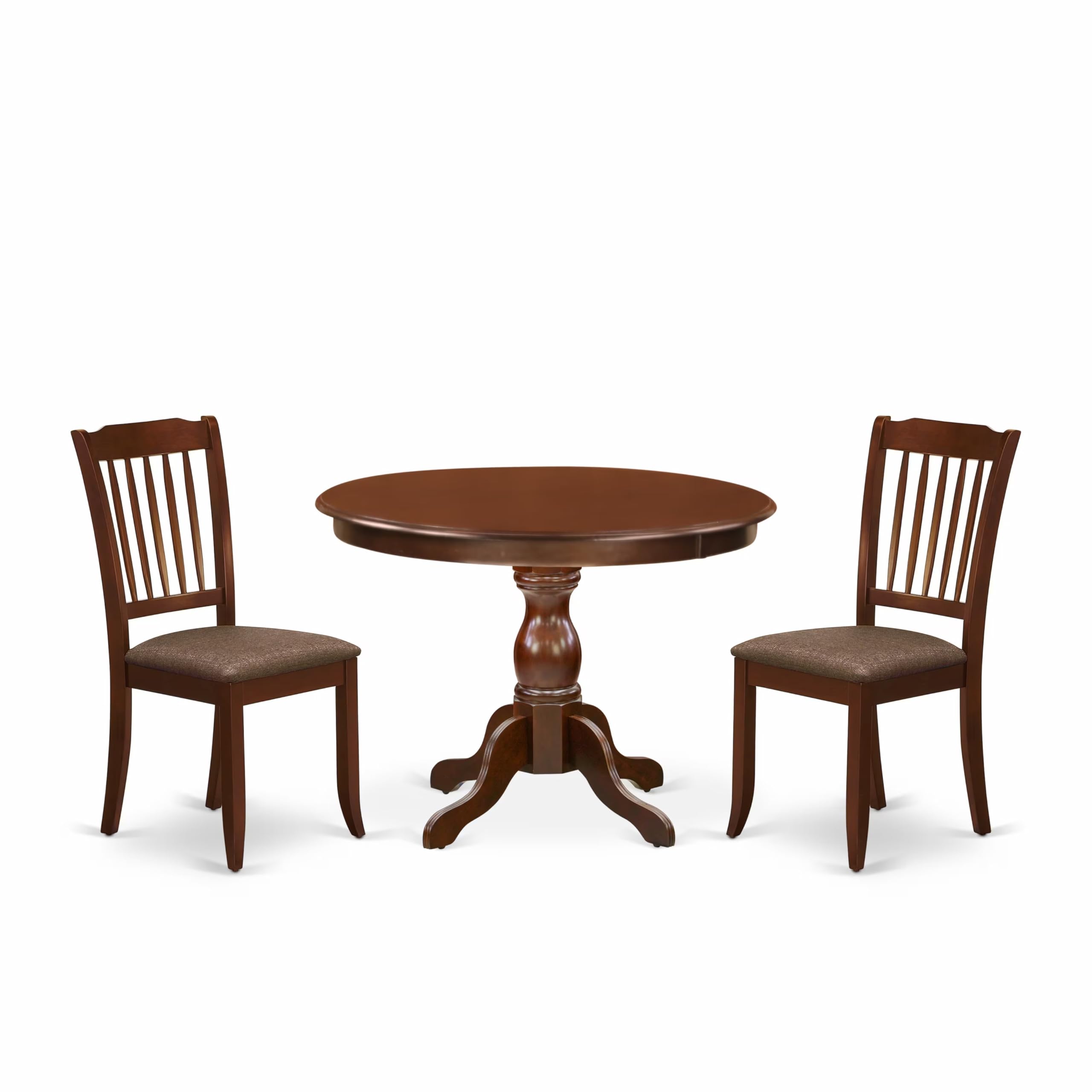 East West Furniture HBDA3-MAH-C 3 Piece Round Dining Set with Pedestal Table & 2 Linen Upholstered Chairs, 42x42 Inch, Mahogany - Perfect for Small Spaces, Breakfast Nooks & Cozy Dining Areas