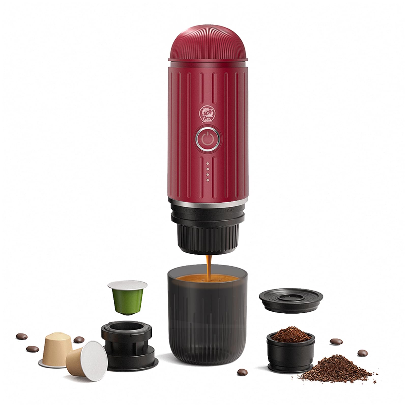 Portable Electric Espresso Machine - USB-C & 12V Travel Coffee Maker for Camping, Hiking, RV & Office - Self-Heating Car Coffee Maker with Ground Coffee & NS Capsule (Red) - Perfect for Outdoor Adventures & Daily Commutes