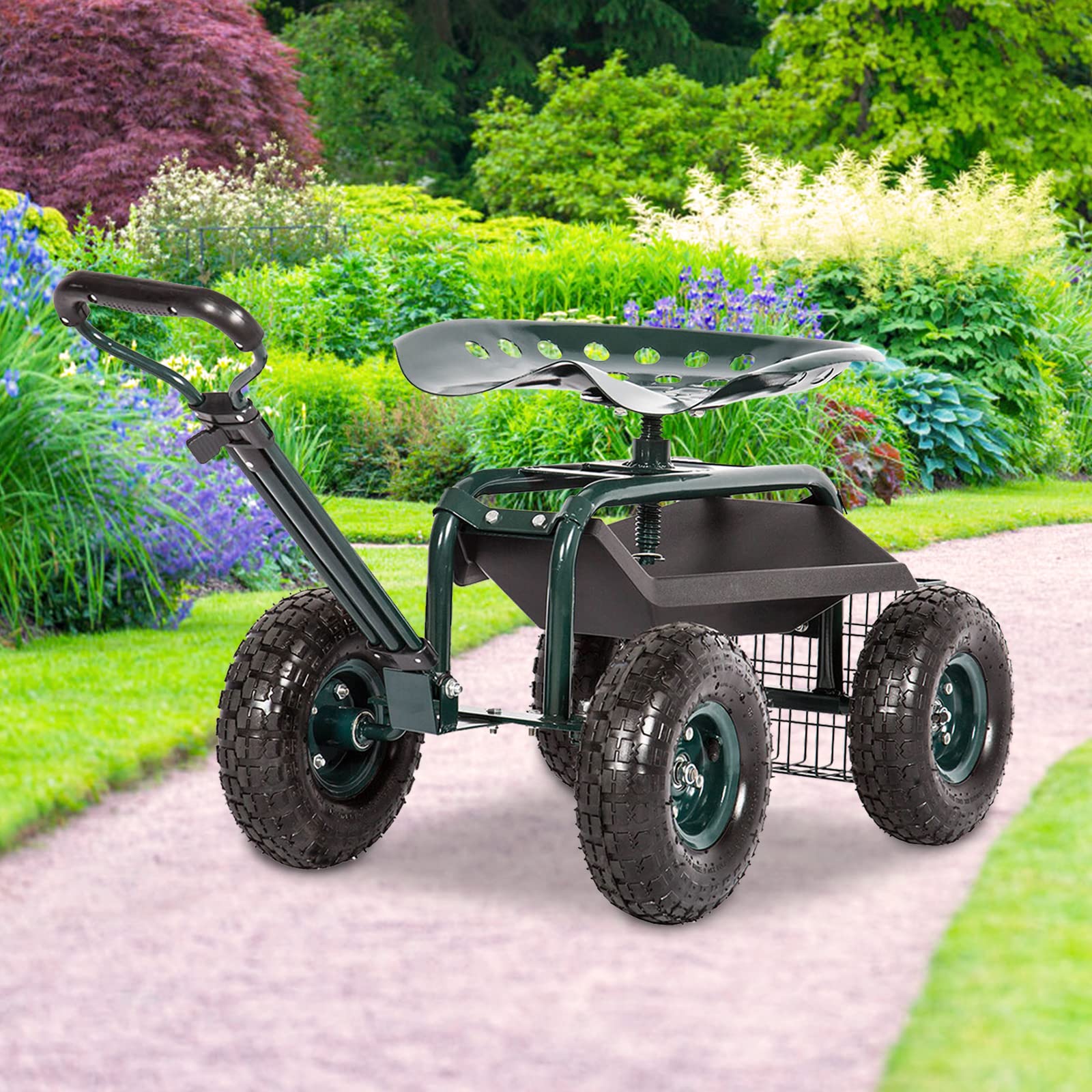 **Heavy Duty Rolling Garden Cart Scooter Stool with Seat & Wheels - Adjustable Handle & 360° Swivel - Green - Perfect for Gardening, Landscaping & Outdoor Work**