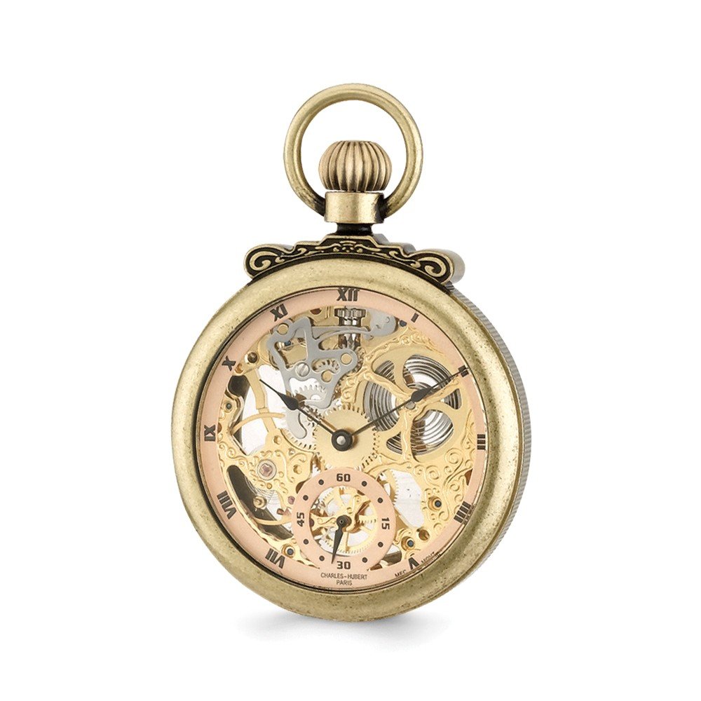 Antique Gold Charles Hubert Men's Brass Skeleton Pocket Watch - 14.5 Inch Chain - Vintage Style Gift for Collectors & Formal Occasions