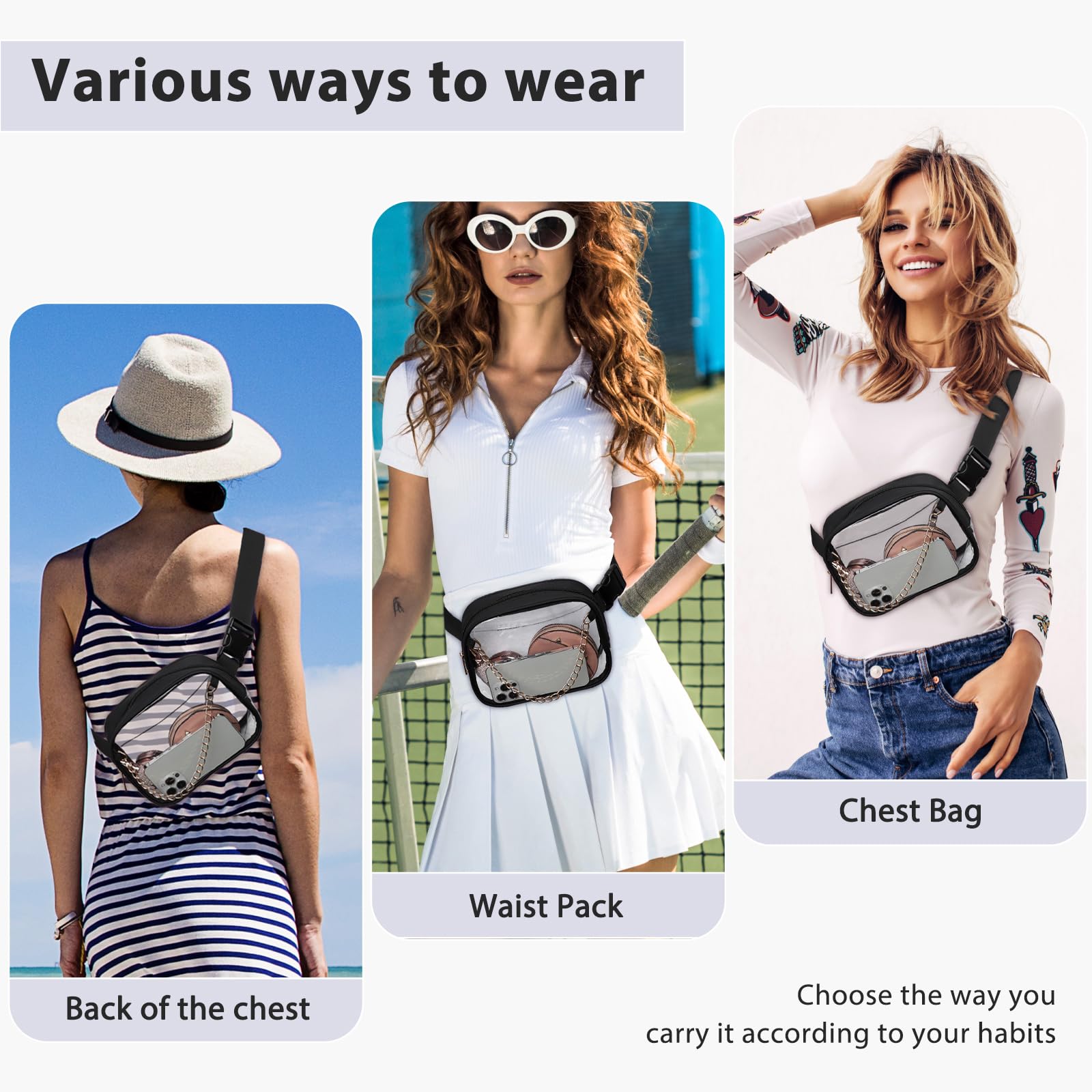 TINYAT Clear Fanny Pack for Women - Waterproof Waist Bag, See-Through PVC Crossbody Purse, Stadium Approved Belt Bag | Perfect for Concerts, Travel, Running & Outdoor Activities