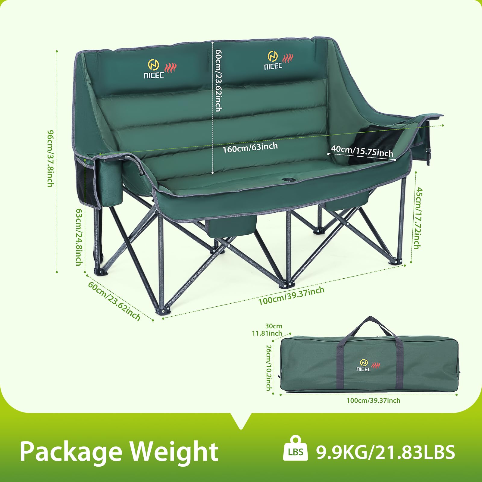 Premium Heated Camping Chair for Adults - Oversized Double Loveseat with Adjustable Heating & Extra Padding - Includes Insulated Cooler Bag - Perfect for Outdoor Camping, Backyard Relaxation & Winter Sports Events