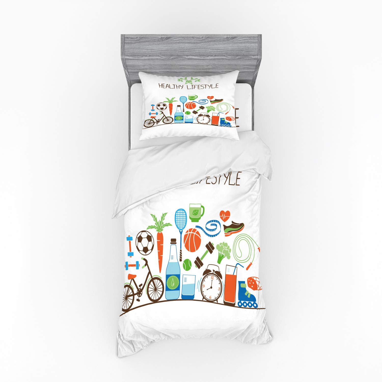 Ambesonne Fitness Duvet Cover Set - Colorful Athletic Gym Design with Vegetables Pattern, 3-Piece Twin Size Bedding Set Includes Sham & Fitted Sheet - Perfect for Home Gym Decor, Sports Enthusiast Bedroom & Wellness Lifestyle