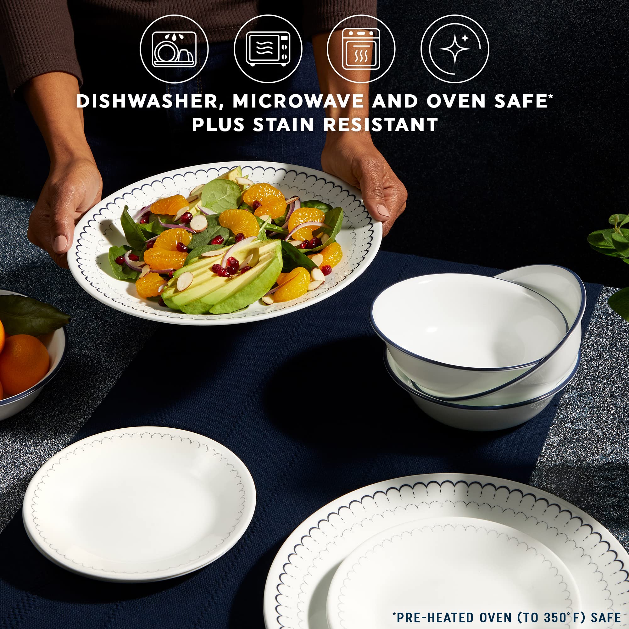 Corelle 18-Piece Dinnerware Set for 6 - Lightweight Round Plates & Bowls - Vitrelle Triple Layer Glass - Chip Resistant, Microwave & Dishwasher Safe - Caspian Blue - Perfect for Everyday Dining, Family Gatherings & Entertaining Guests