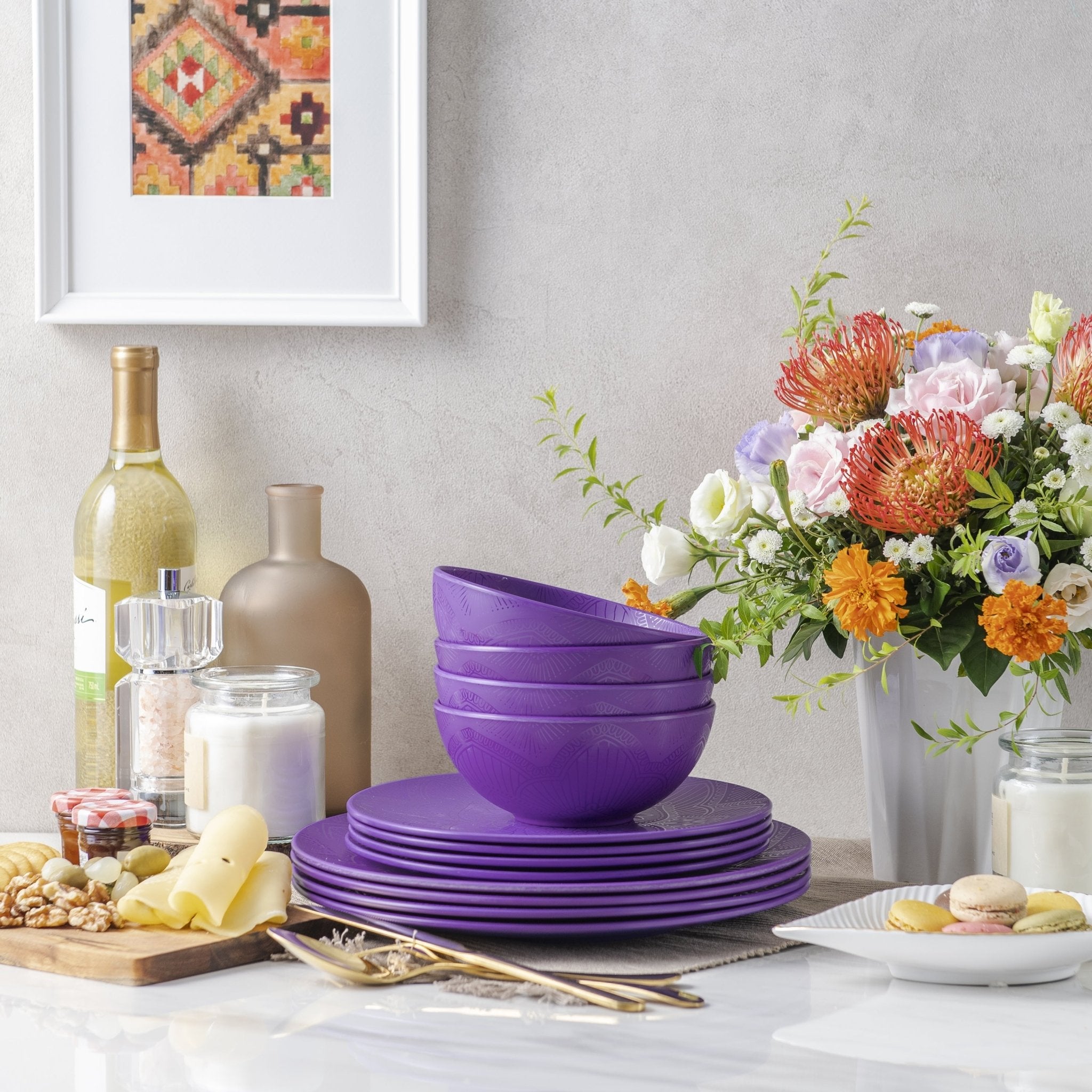 12-Piece La La Mandala Melamine Dinner Plate Set - Durable Purple Plates for Outdoor Picnics, Parties & Home Decor