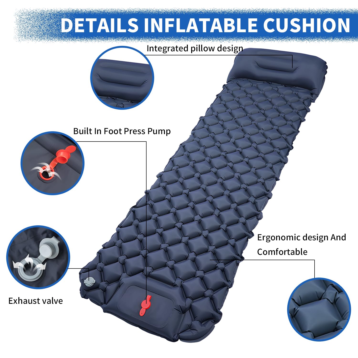 Ultra-Light Inflatable Camping Sleeping Pad with Built-in Foot Pump & Pillow - Perfect for Backpacking, Hiking, Travel - Navy Blue - Ideal for Outdoor Adventures, Camping Trips & Backpacking Sleep Comfort