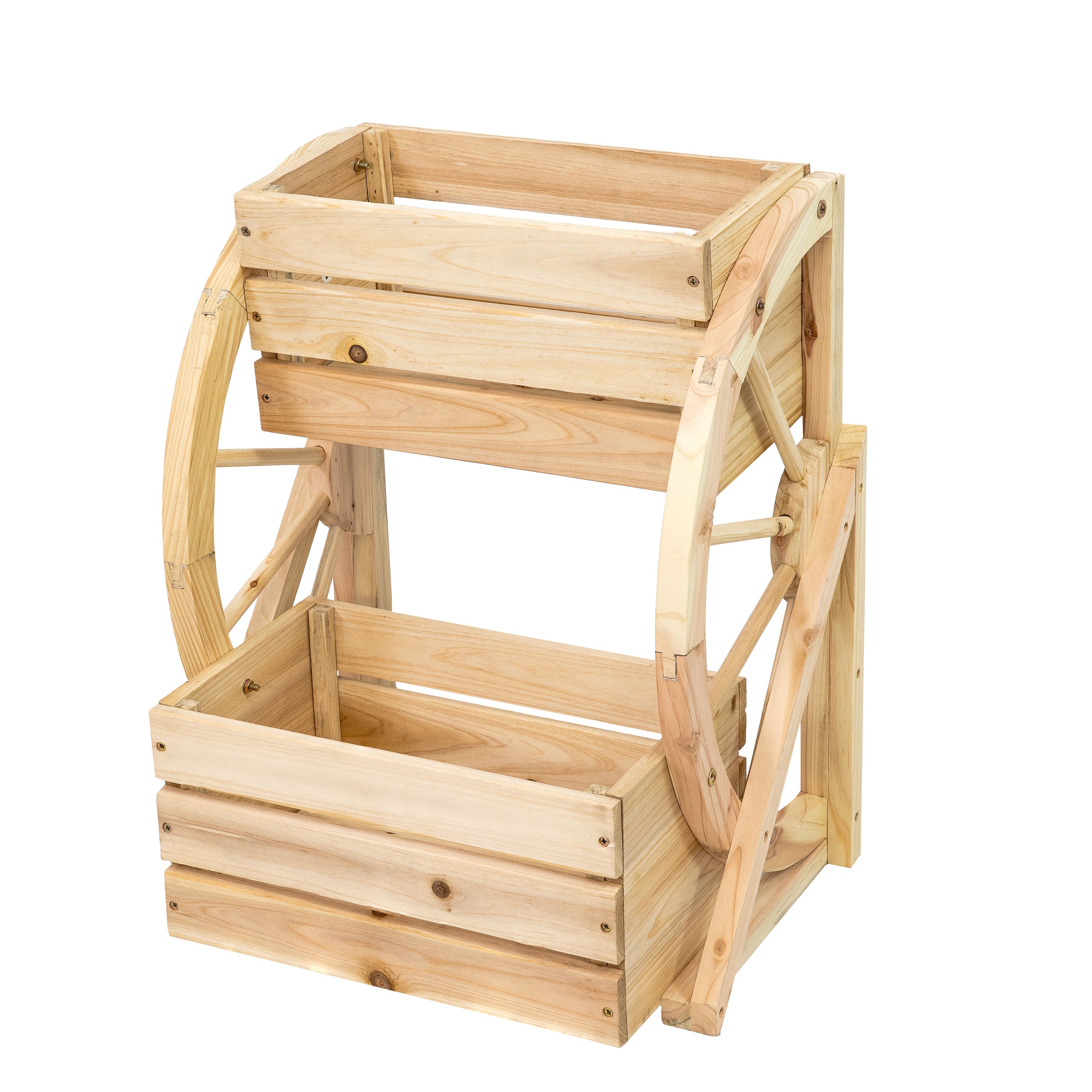 Rustic Wood Wagon Wheel 2-Tier Plant Stand for Indoor & Outdoor Decor - Perfect for Patio, Garden, or Farmhouse Style Home