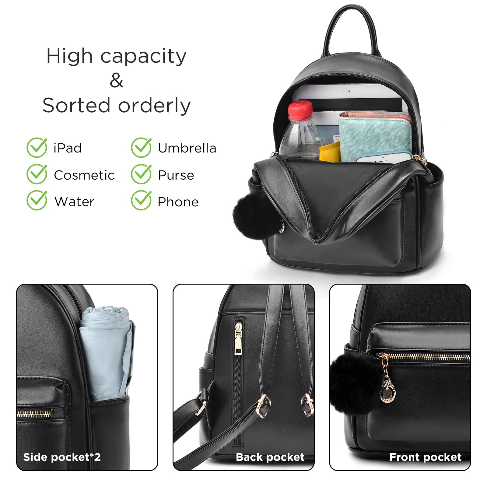 IHAYNER Girls Fashion Backpack Purse - Genuine Leather Mini Backpack for Women & Teens, Cute Satchel School Bag with Pom Pom, Stylish Travel Daypack for School, College, Work & Weekend Outings