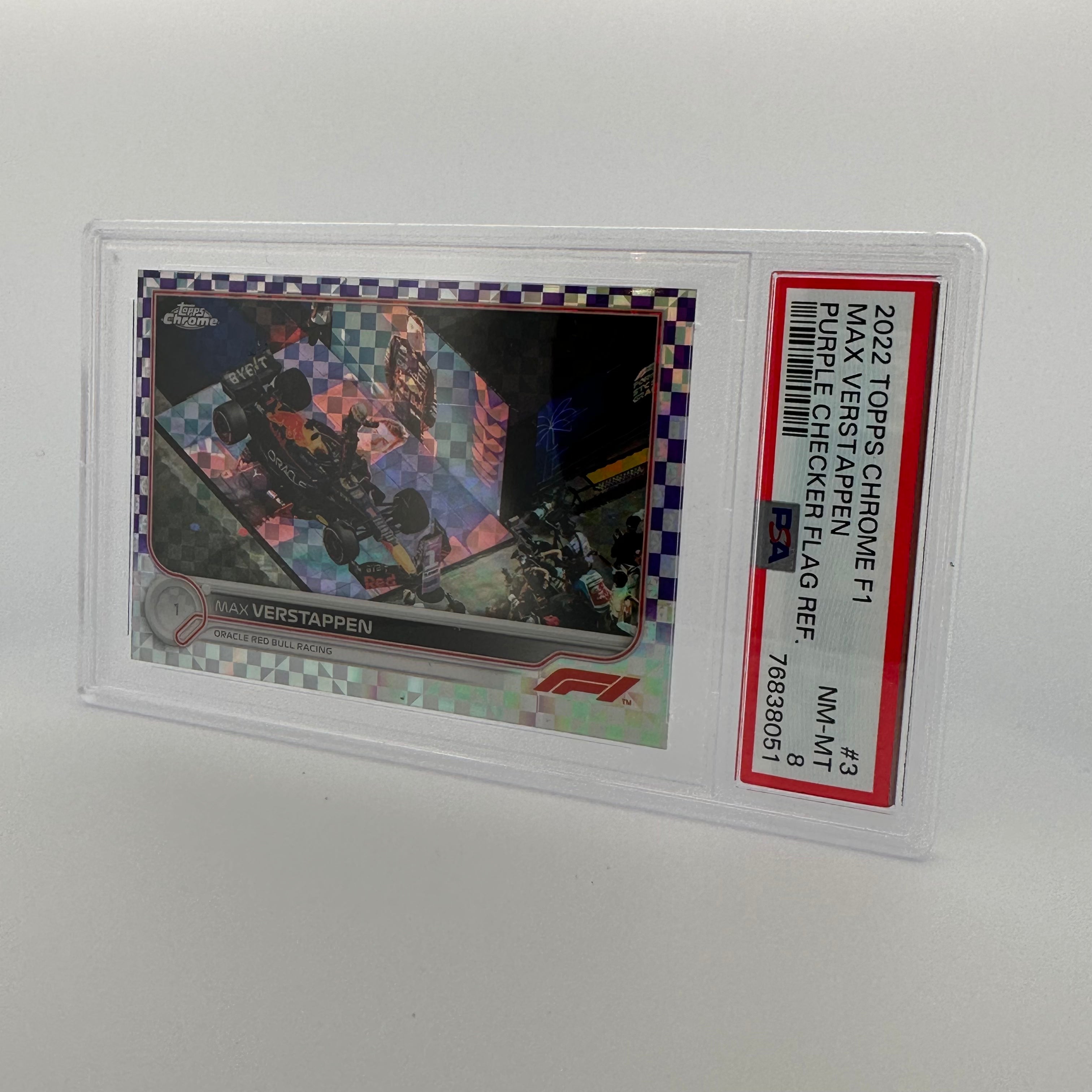 PSA 8 138/199 Max Verstappen #3 Purple Checker Flag Refractor - Rare F1 Trading Card for Collectors & Motorsport Fans