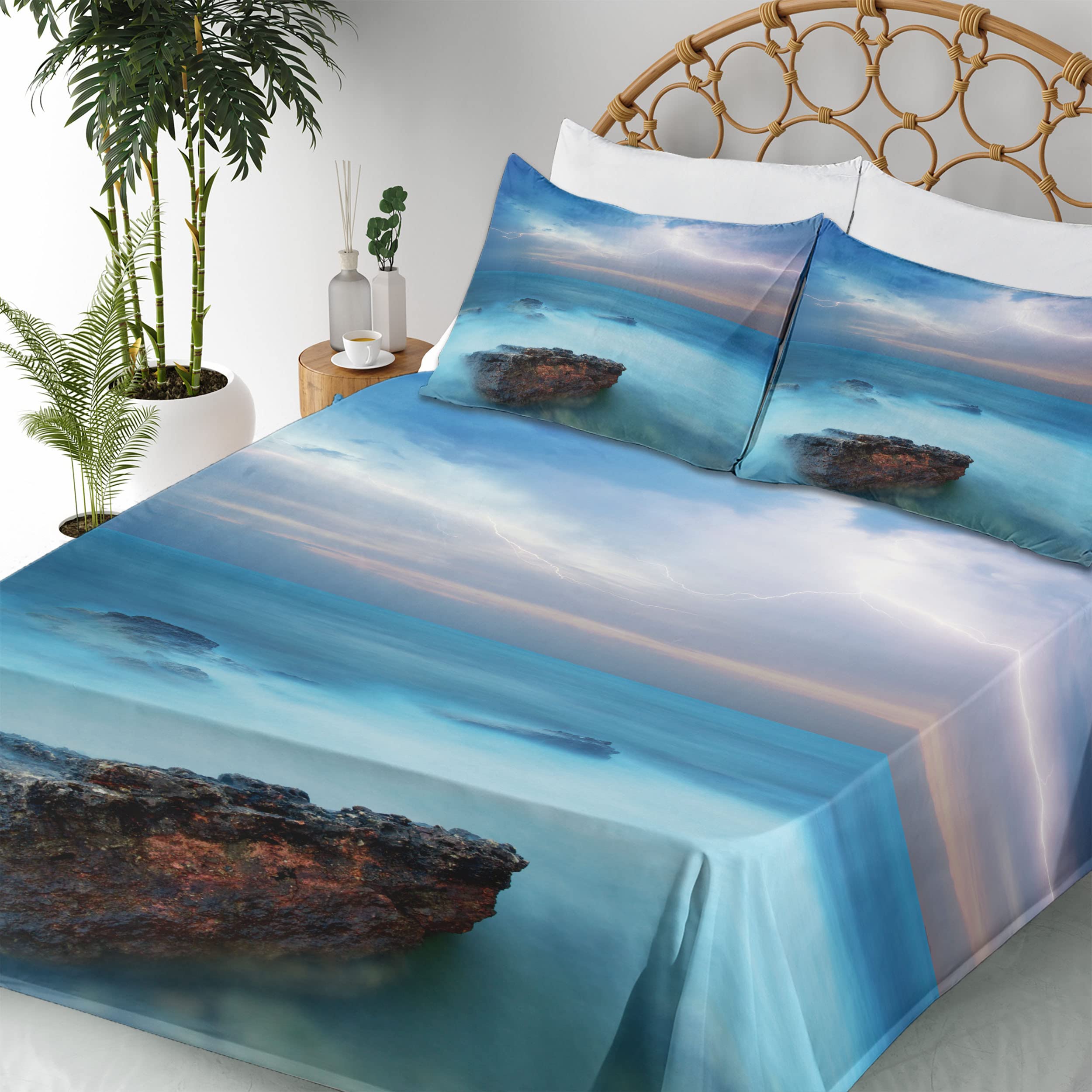 Ambesonne Tropical Ocean & Storm Epic Scenery 4-Piece King Size Bed Sheet Set - Fitted Sheet, Flat Sheet & 2 Pillowcases - Turquoise Coastal Themed Bedding for Beach House, Guest Room & Vacation Home Decor
