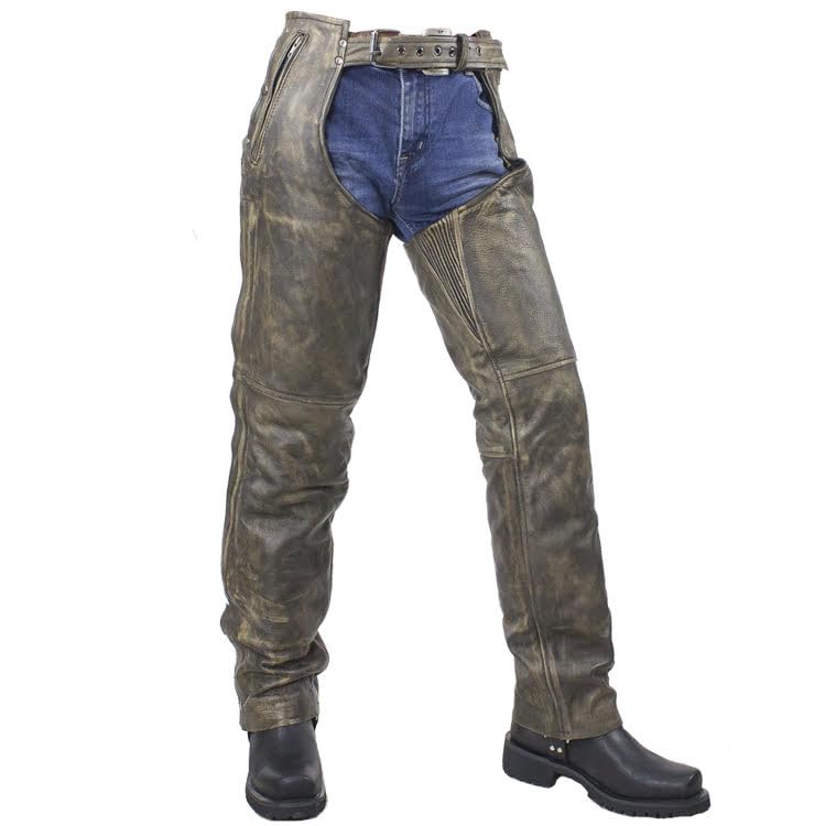 Men's Distressed Brown Leather Motorcycle Chaps for Bikers - Durable Riding Gear for Harley, Cruiser & Adventure Motorcycles - Perfect for Long Rides, Road Trips & Motorcycle Events