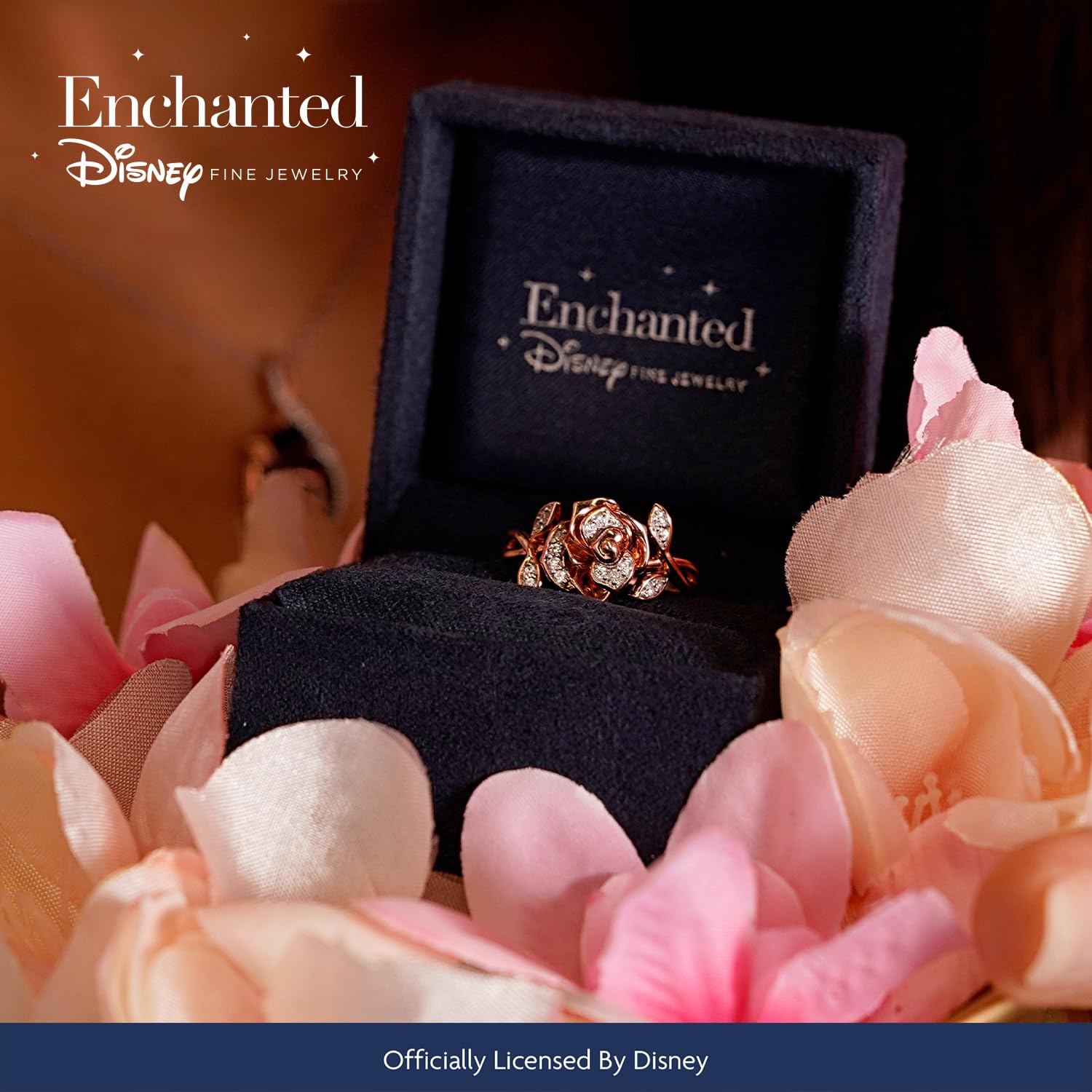 Enchanted Disney Belle Rose Ring - 14K Rose Gold over Sterling Silver with 1/10 Cttw White Round Diamond | Fine Jewelry for Women | Perfect Gift for Disney Fans, Brides & Special Occasions