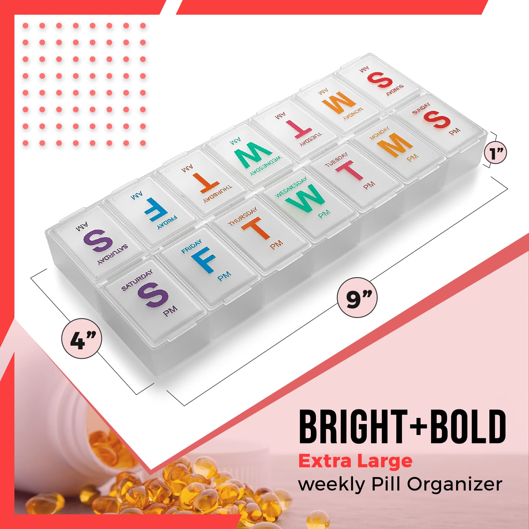 Large Weekly Pill Organizer (2 Pack) - AM/PM XL 7-Day Pill Box with Braille - Easy to Read Daily Medication & Vitamin Organizer for Pills, Supplements - Perfect for Travel, Elderly Care & Health Management