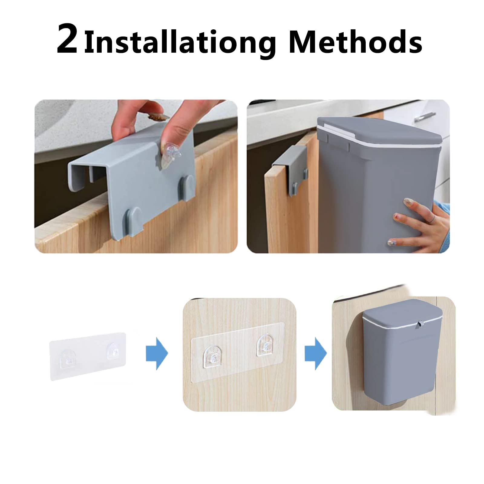 TOPROAD 2.4 Gallon Wall Mounted Kitchen Trash Can with Lid - Small Waste Bin for Countertop, Under Sink, Bathroom, Bedroom, Office & Camping - Space Saving Grey Compost Bin for Home & Outdoor Use