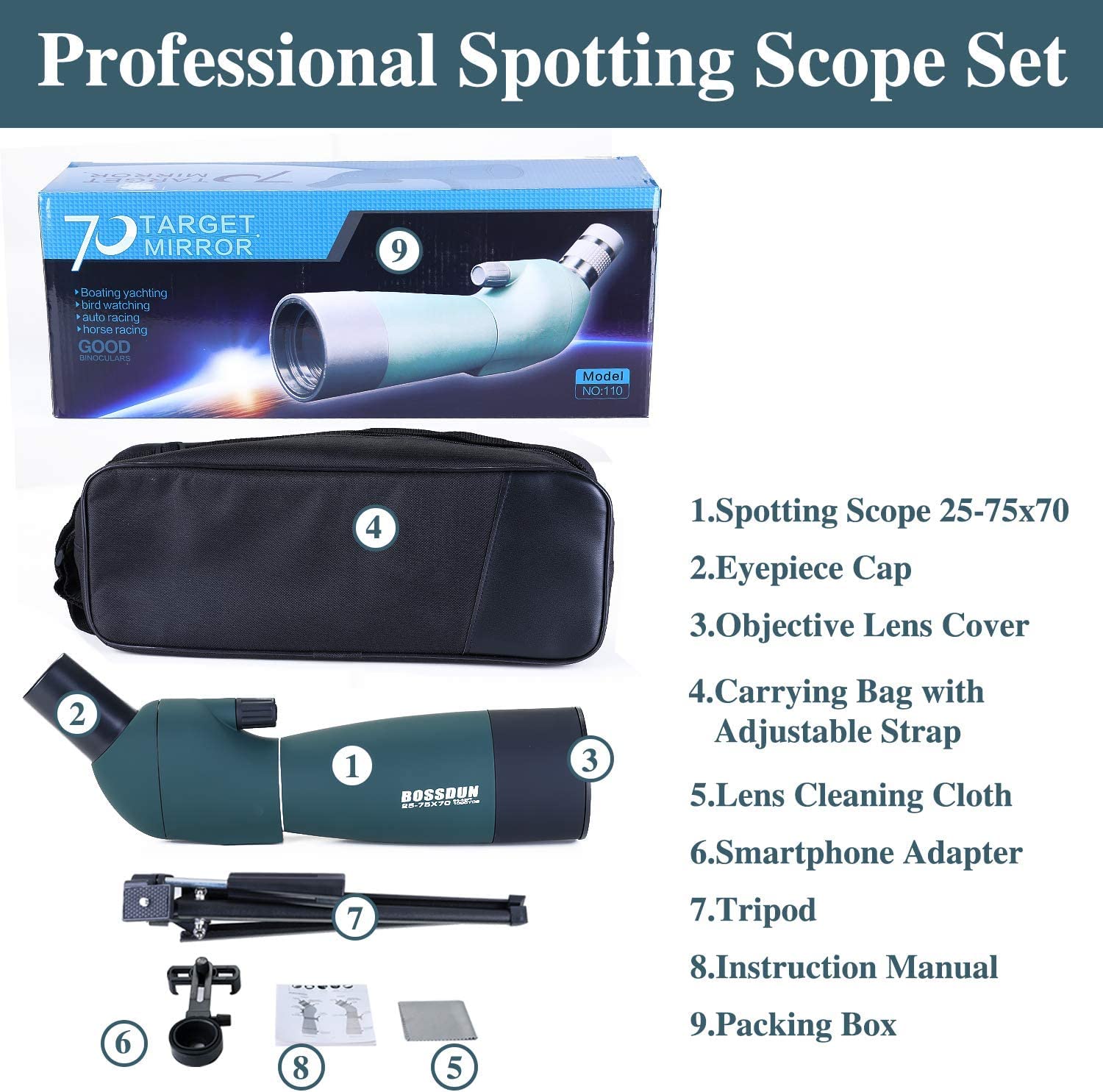 25-75x70 High Power Spotting Scope for Hunting & Shooting - Waterproof BAK4 Prism Telescope with Tripod, Phone Adapter & Carry Bag - Ideal for Target Practice, Bird Watching, Wildlife Observation & Outdoor Adventures