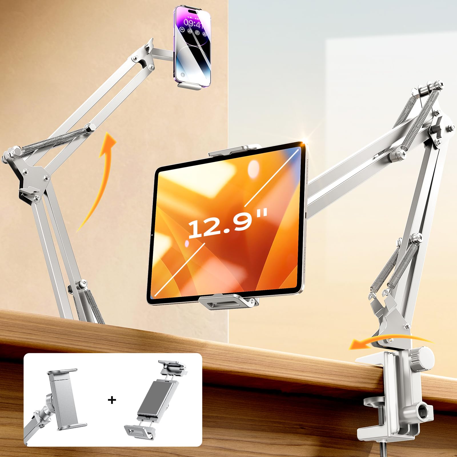 LISEN Ultra Sturdy Gooseneck Tablet Stand & Phone Holder - Adjustable Desk Mount for iPad, iPhone, Kindle (4-13