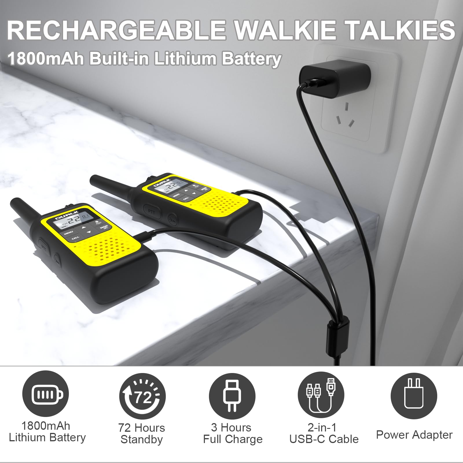 Long Range Walkie Talkies for Adults - 2 Pack Rechargeable Two Way Radios with 22 FRS Channels, NOAA Weather Alerts, 1800mAh Li-ion Battery & LED Flashlight - Perfect for Hiking, Camping, Outdoor Adventures (Yellow)