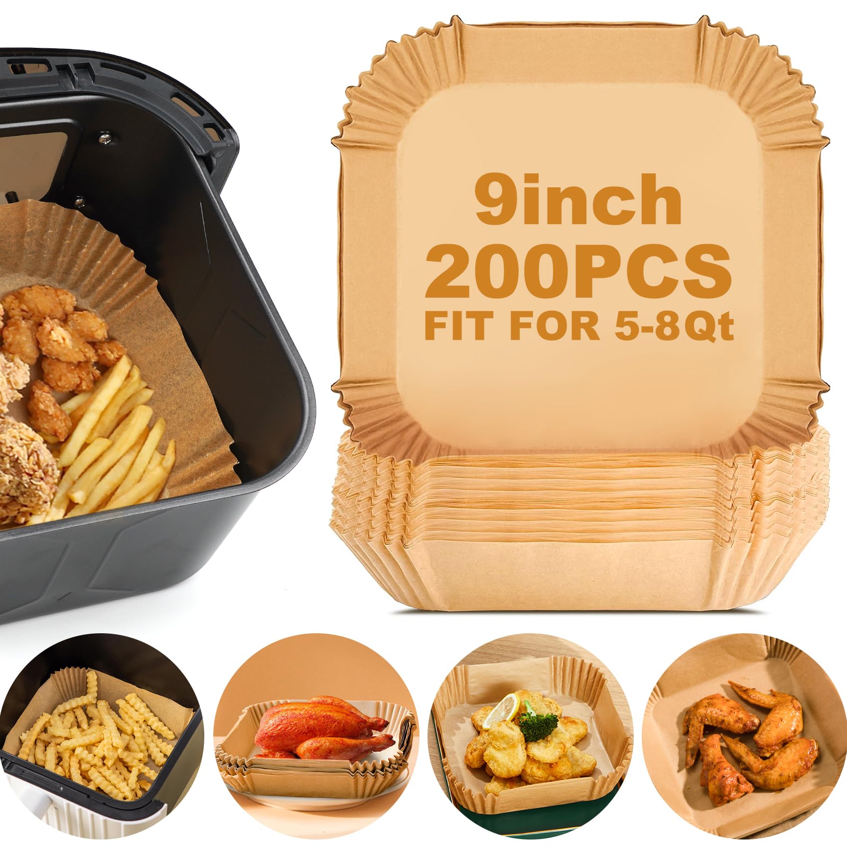200PCS 9 Inch Square Air Fryer Paper Liners Disposable - Non-Stick Parchment Sheets for Baking, Roasting & Microwave | Perfect for Air Fryers, Toaster Ovens & Meal Prep