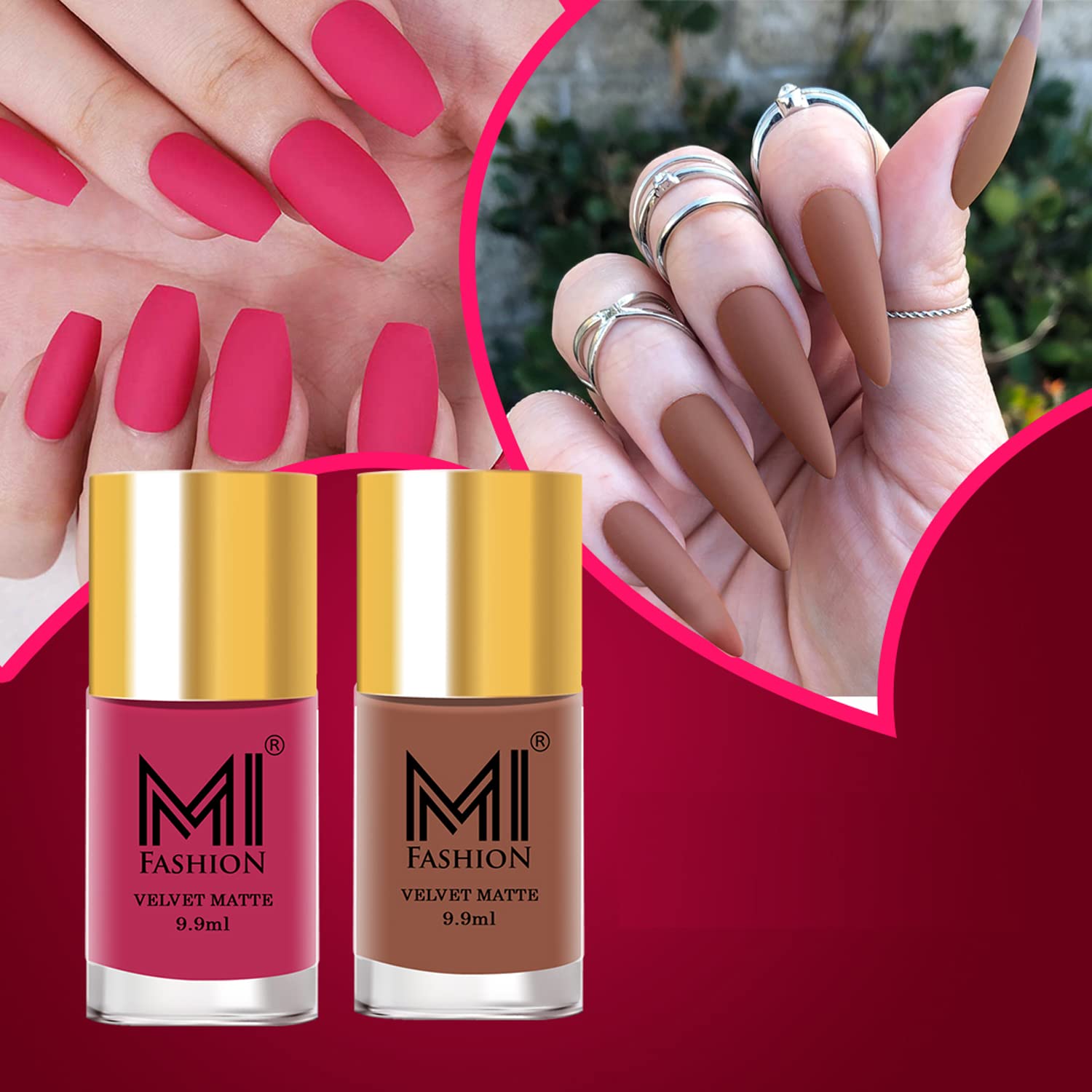 MI Fashion Matte Nail Polish Set of 2 (Magenta & Nude) - 9.9ml Each with Wide Brush - Long Lasting Vegan Nail Lacquer for Women - Perfect for Everyday Wear & Special Occasions