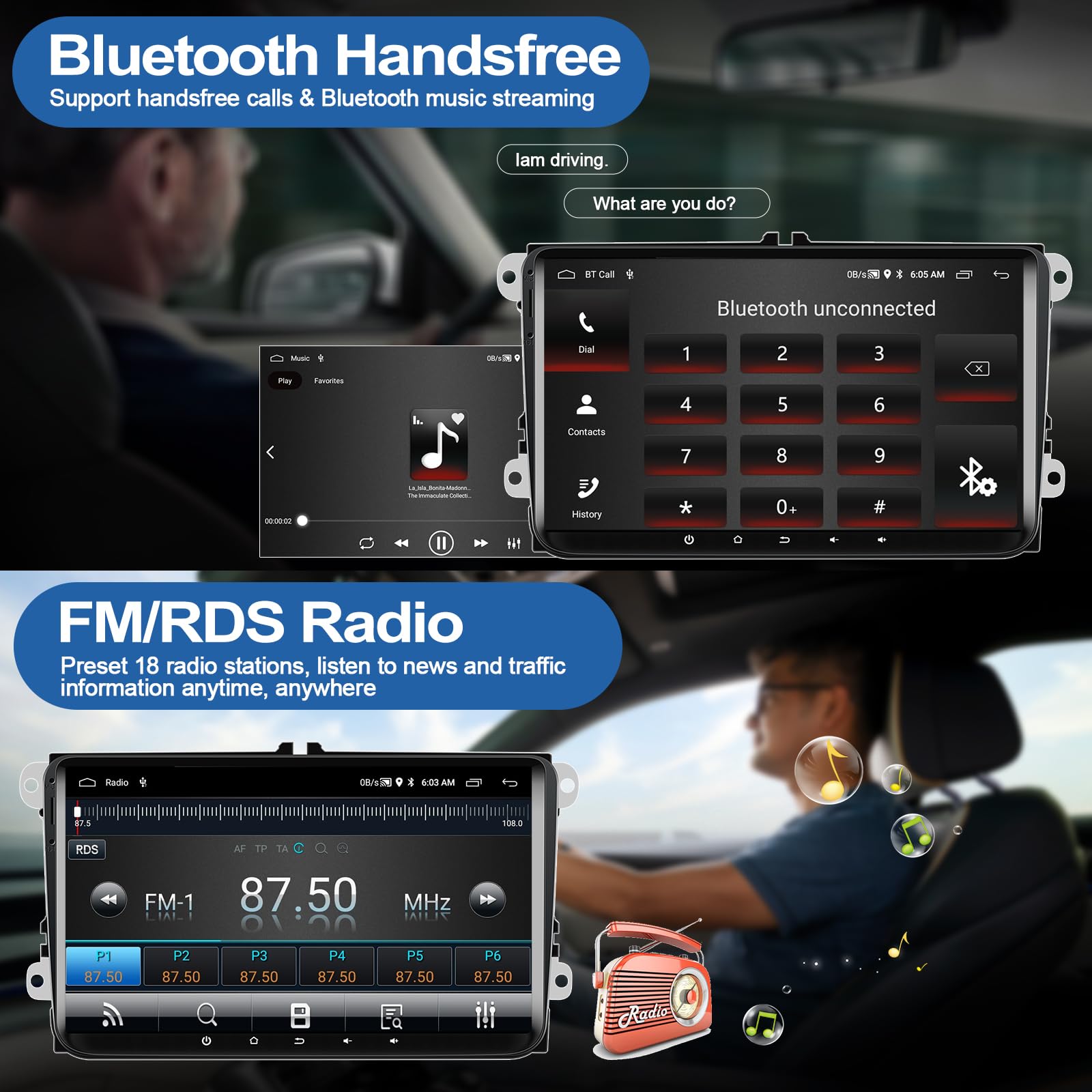 CAMECHO 9 Inch Android 13 Car Stereo 2GB RAM 64GB ROM - Wireless Apple CarPlay & Android Auto - GPS Navigation - Bluetooth - Backup Camera - Compatible with Volkswagen Jetta Tiguan Golf Beetle Passat - Perfect for Road Trips & Daily Commutes