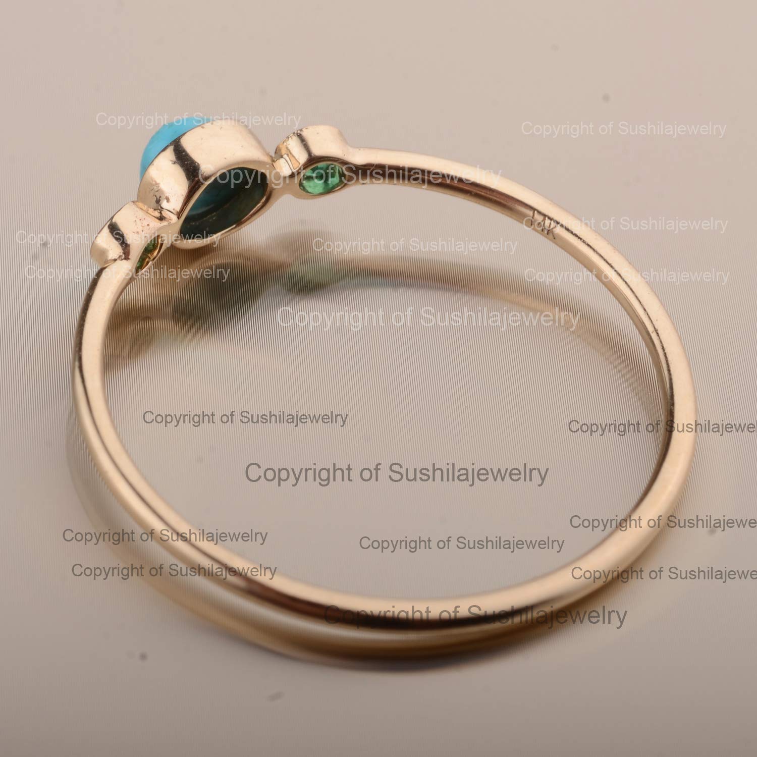 14K Solid Yellow Gold Sleeping Beauty Turquoise & Emerald Wedding Band Ring - Handmade Minimalist Jewelry for Women - Perfect for Anniversaries, Engagements & Special Occasions