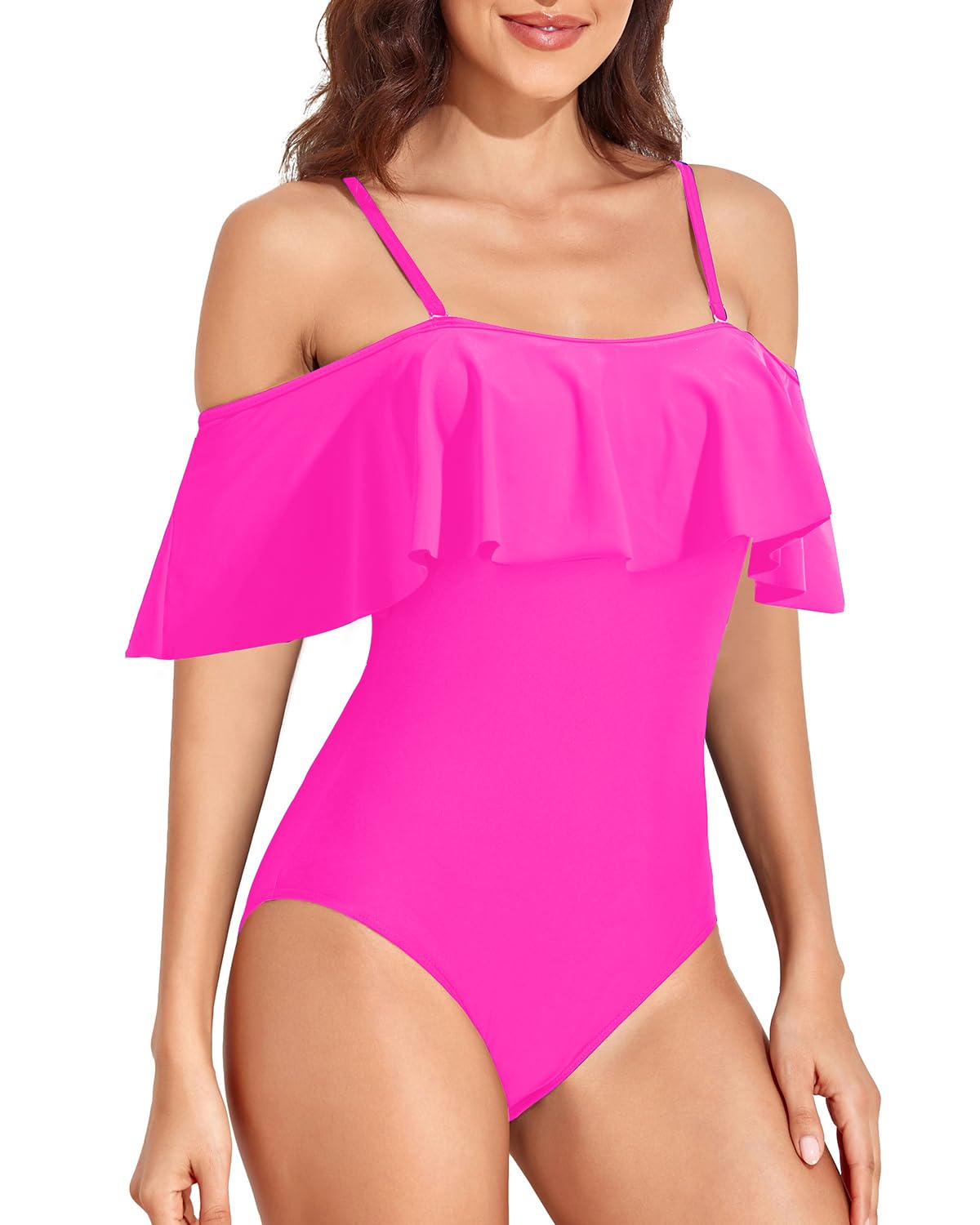 Women's Off Shoulder One Piece Swimsuit with Ruffled Sleeves - Retro Vintage Bathing Suit for Beach, Pool & Summer Vacation