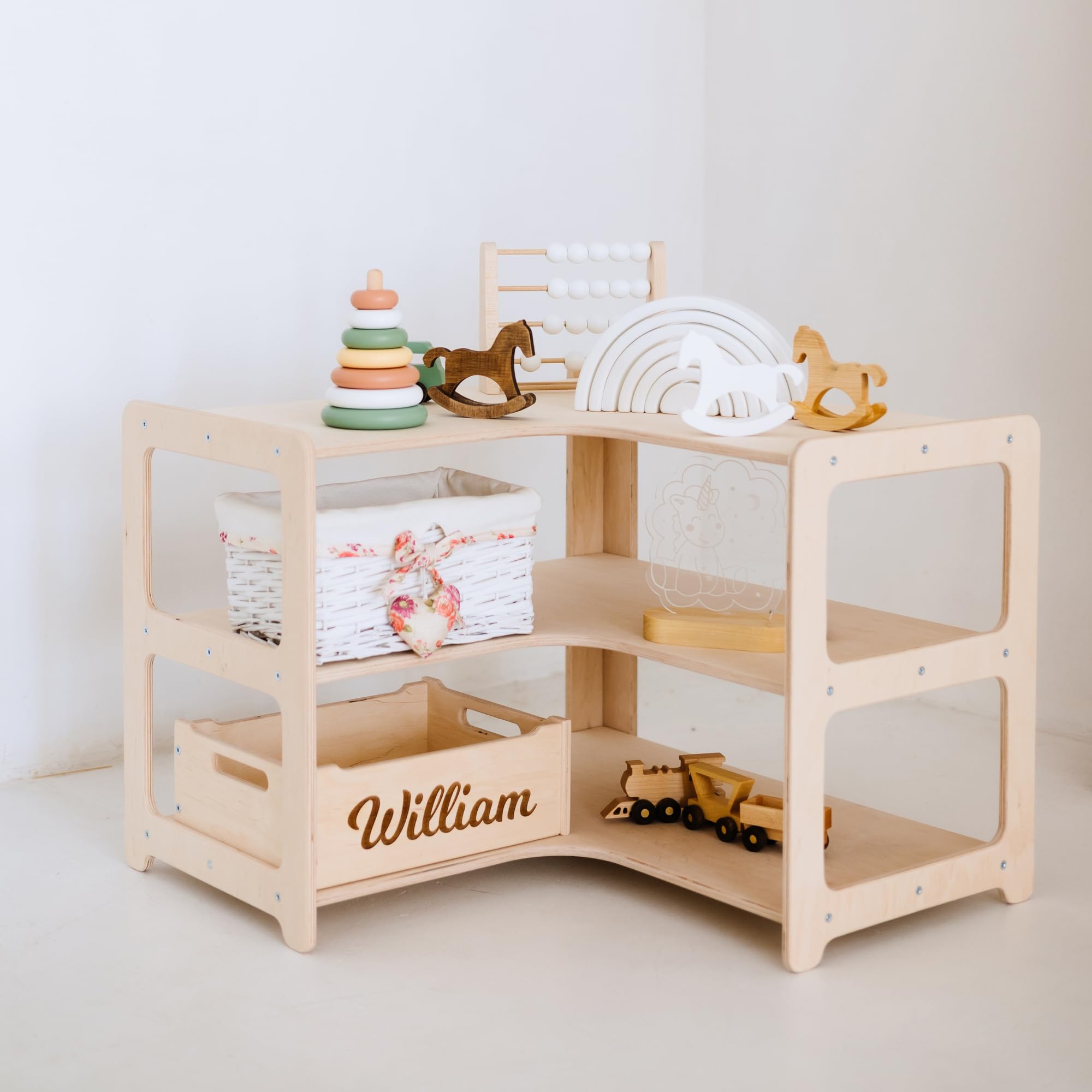 Montessori Corner Toy Shelf - Natural Wood Toy Storage Organizer for Kids | Montessori Furniture for Playroom & Bedroom | Perfect for Organizing Toys, Books & Learning Materials