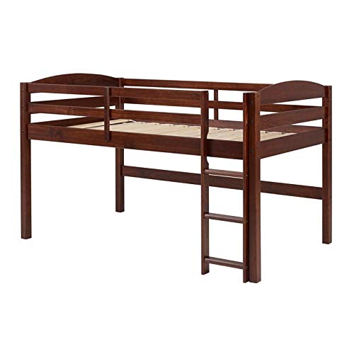 Pemberly Row Solid Wood Junior Low Loft Twin Bunk Bed with Storage & Play Space - Walnut Brown - Perfect for Kids' Bedrooms, Small Spaces & Playrooms