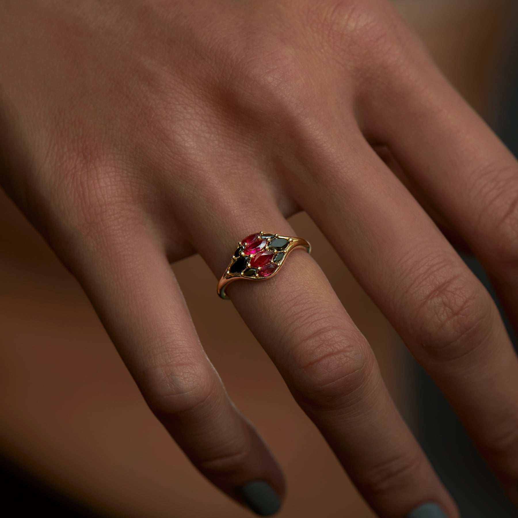 Exquisite Marquise Ruby & Black Diamond Dome Ring for Women – Elegant Statement Jewelry for Weddings, Parties & Special Occasions