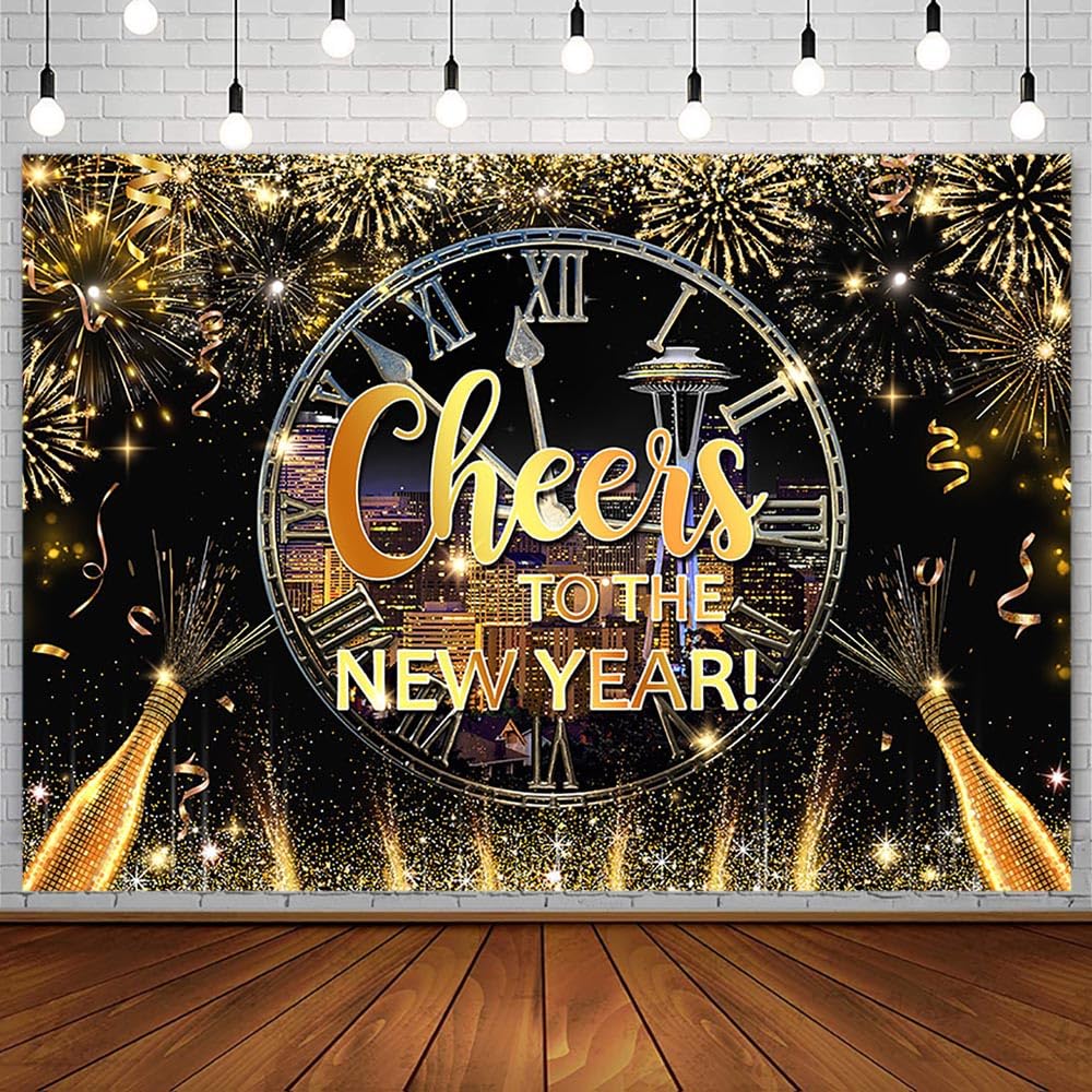 7x5ft Black Gold Happy New Year Backdrop 2025 - Kiss Me at Midnight Photography Background for New Year's Eve Party Decorations, City Night Firework Champagne Banner Photo Props - Perfect for NYE Celebrations, Countdown Parties & Social Media Photos