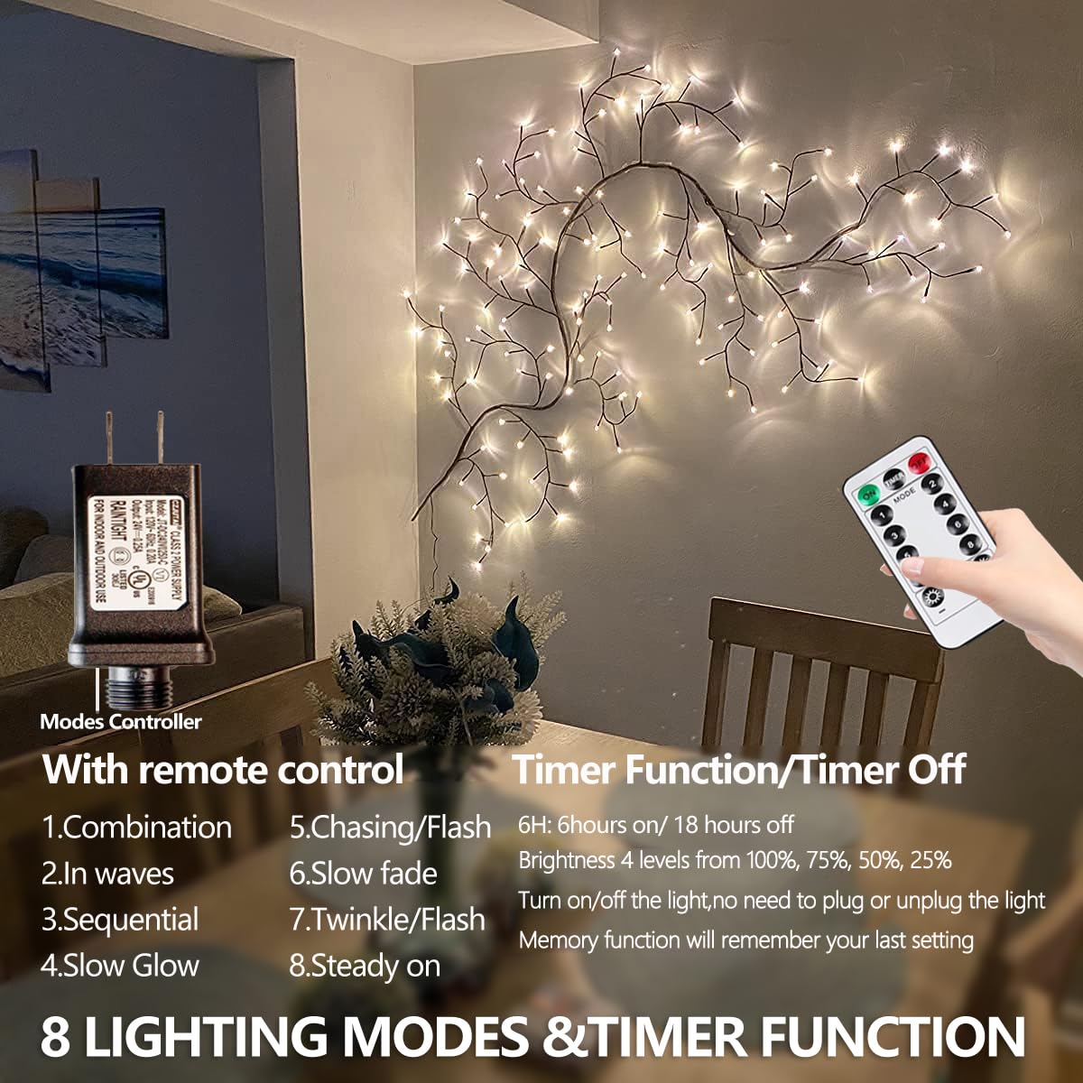 Enchanted Willow Vine Lights with Remote - 144 LED Fairy Lights for Christmas, Room, Bedroom & Living Room Decor - 8 Lighting Modes Artificial Plant Branches for DIY Home Decoration | Perfect for Weddings, Parties & Holiday Decorations