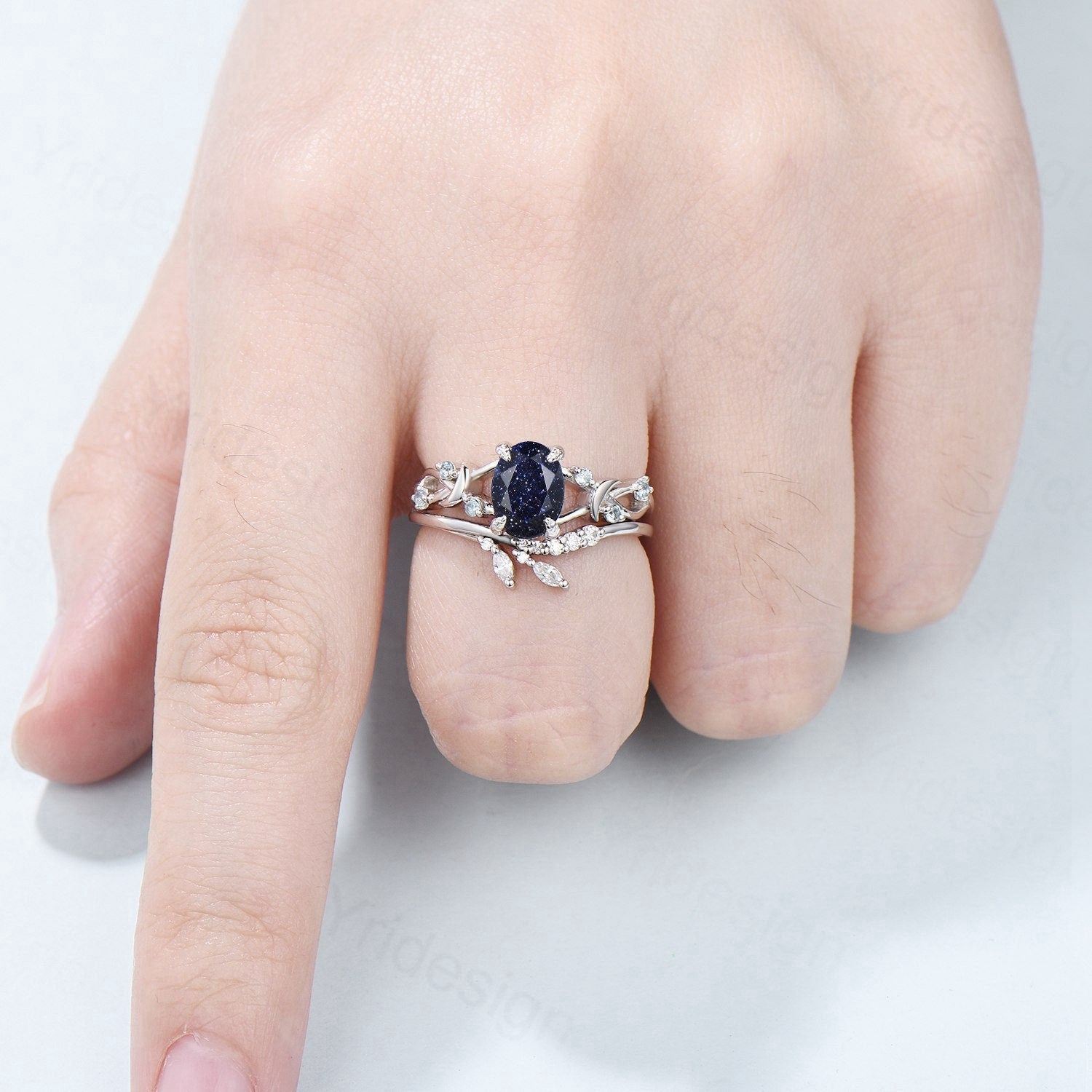 1.5CT Oval Galaxy Blue Sandstone Engagement Ring Set with Twig Swiss Topaz Wedding Band for Women - Unique Branch Bridal Jewelry Set, Personalized Gift for Proposal, Anniversary & Special Occasions