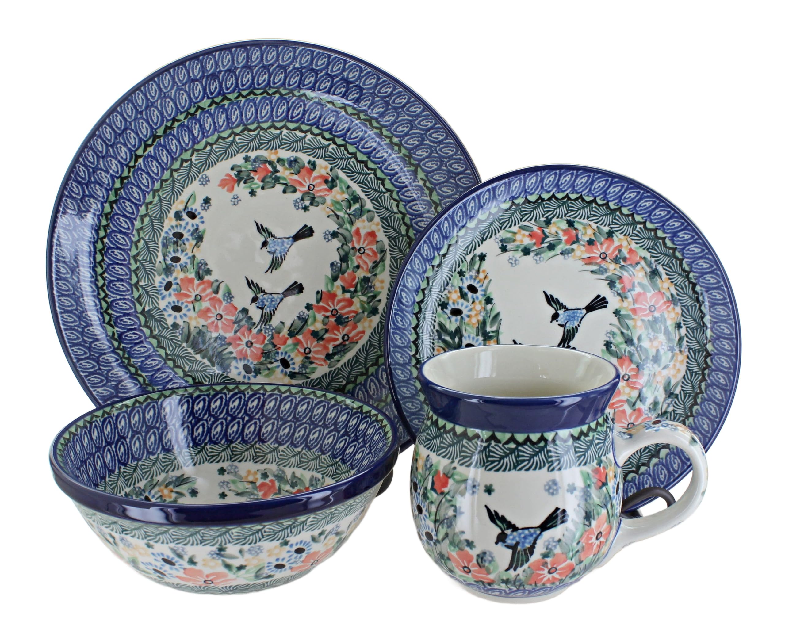 Blue Rose Polish Pottery Maria 16-Piece Dinner Set - Elegant Hand-Painted Ceramic Tableware for Dining, Entertaining & Special Occasions