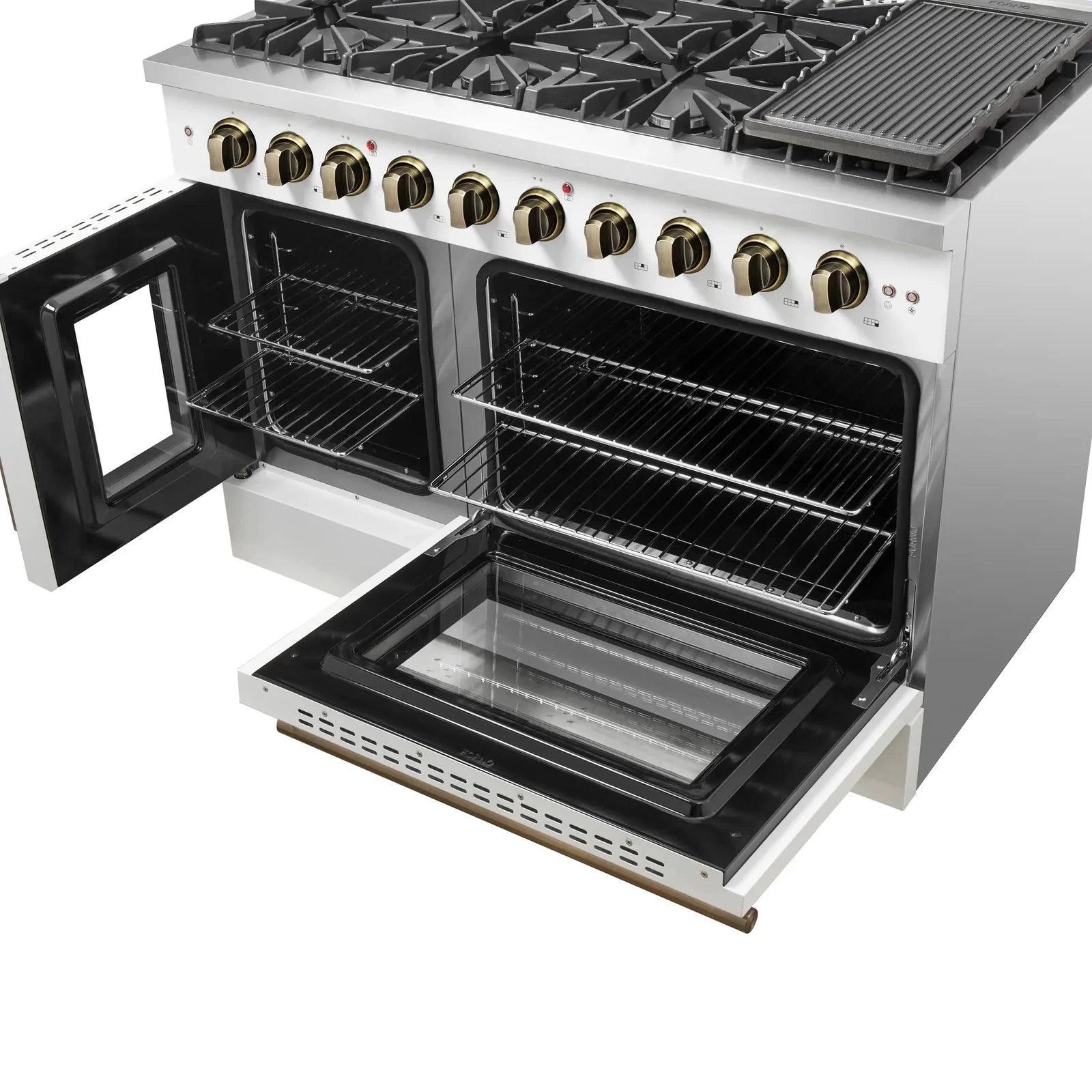 Forno Galiano 48-Inch Freestanding All Gas Range with French Doors - White with Antique Brass Trim (Model FFSGS6444 48WHT) - Perfect for Modern Kitchens & Professional Chefs