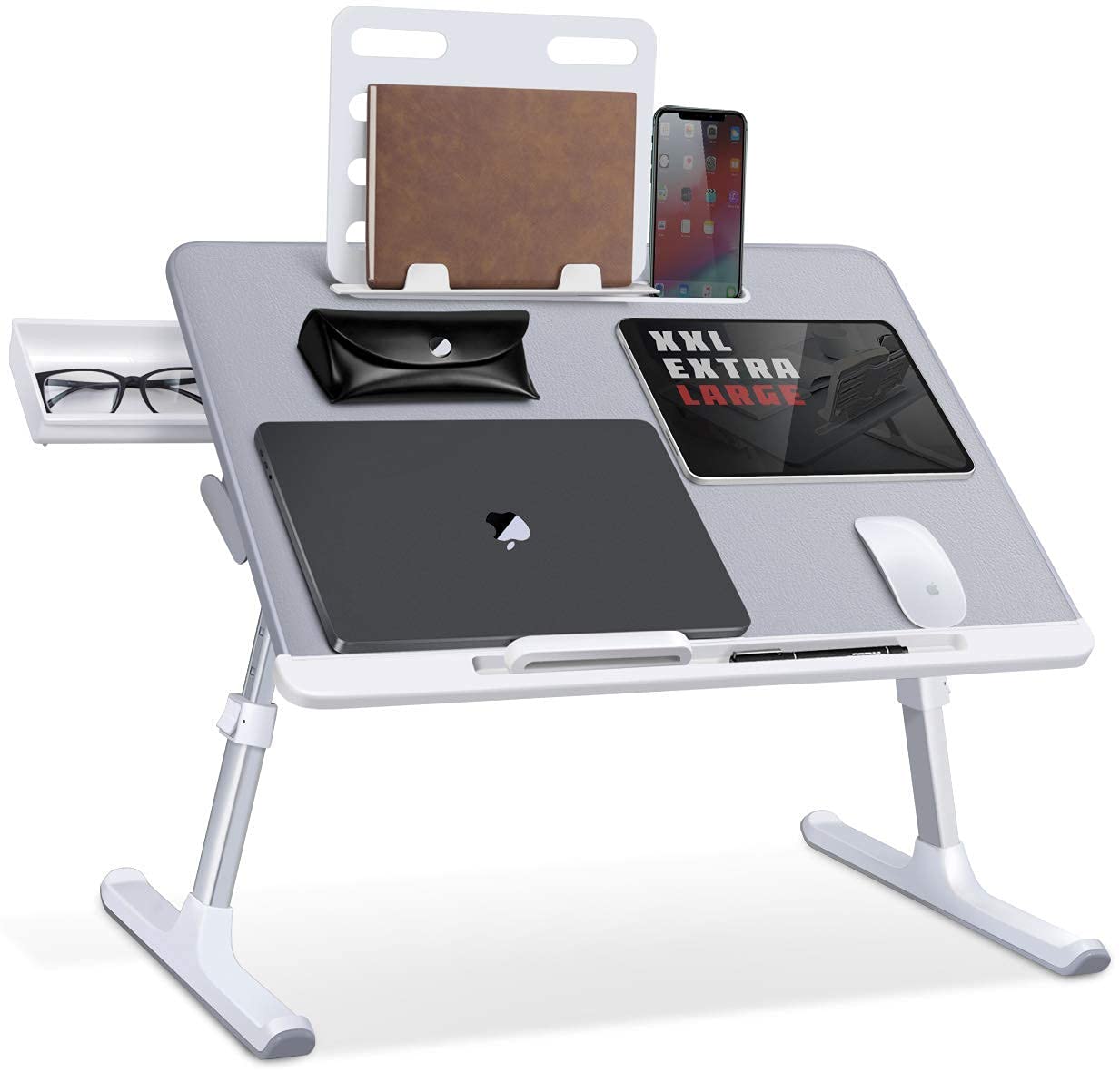 SAIJI Adjustable Laptop Stand for Bed - Foldable Laptop Table with Tablet & Phone Holder (Gray X-Large, Silver) - Perfect for Working, Reading & Watching Movies in Bed or on the Couch