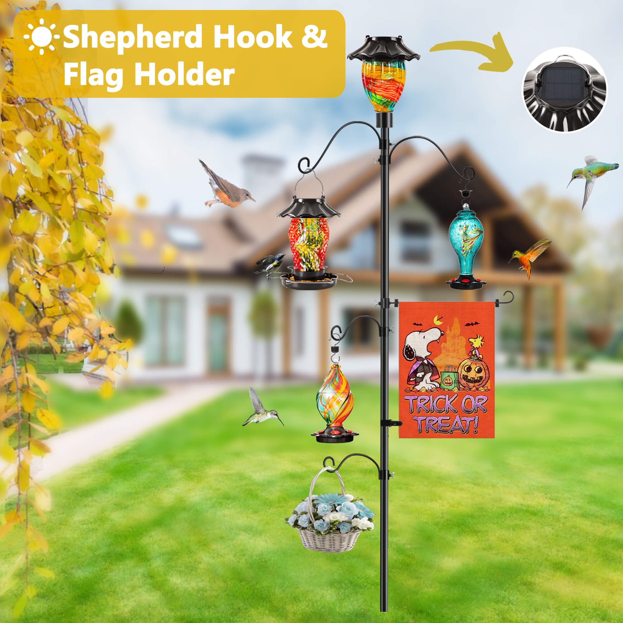 LUJII Solar Shepherd Hooks for Outdoor Garden - Adjustable Bird Feeder Pole with 4 Hangers & Flag Holder - Perfect for Hummingbird Feeders, Wind Chimes, Plant Baskets & Lanterns - Ideal for Patio, Yard & Backyard Decor (Includes Decorative Ribbon)