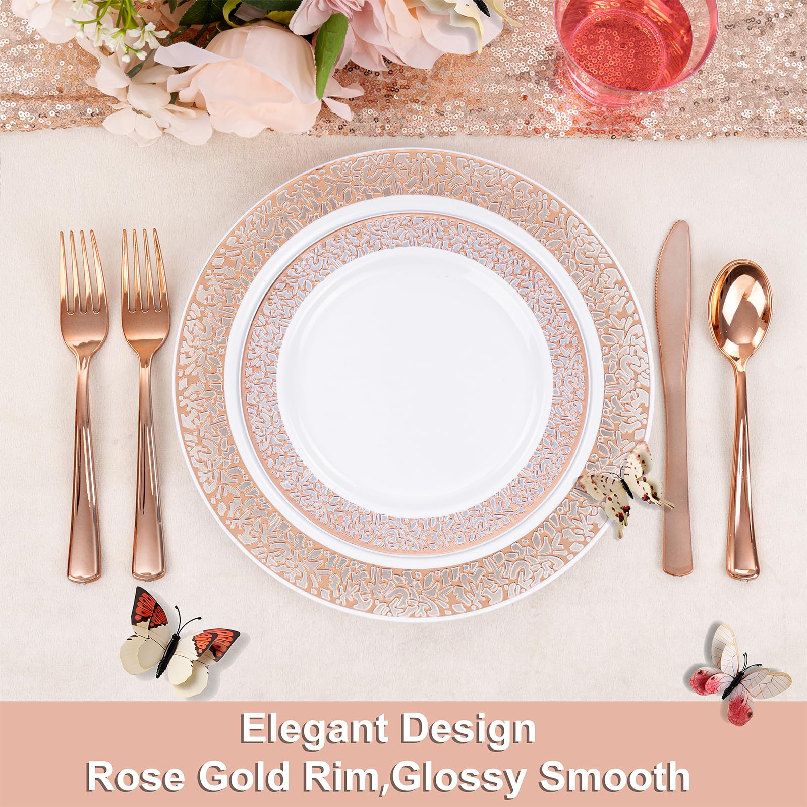 WELLIFE 350-Piece Rose Gold Plastic Dinnerware Set - Disposable Rose Gold Lace Plates, Cups, Silverware & Napkins for Wedding, Bridal Shower, Birthday Party & Elegant Events (50 Dinner Plates, 50 Dessert Plates, 50 Cups, 50 Pre-Rolled Napkins with Silverware) - Perfect for Home Celebrations, Catering & Special Occasions