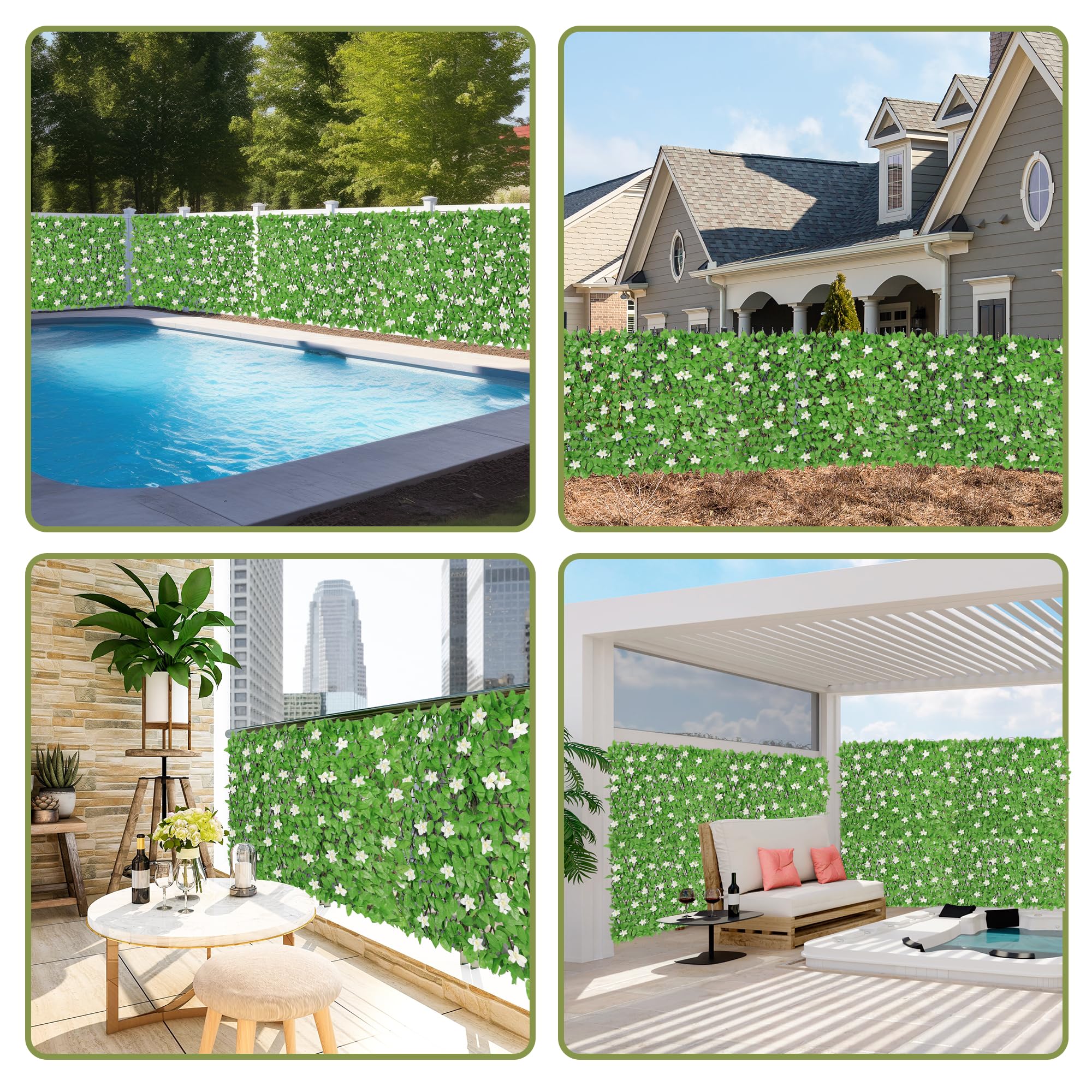 4 Pack Expandable Fence Privacy Screen - Decorative Artificial Ivy Greenery Fencing Panel for Balcony, Patio & Outdoor Spaces - UV Resistant Faux Hedges with White Flowers (Single Sided Leaves) - Perfect for Backyard Privacy, Deck Screening & Garden Decor