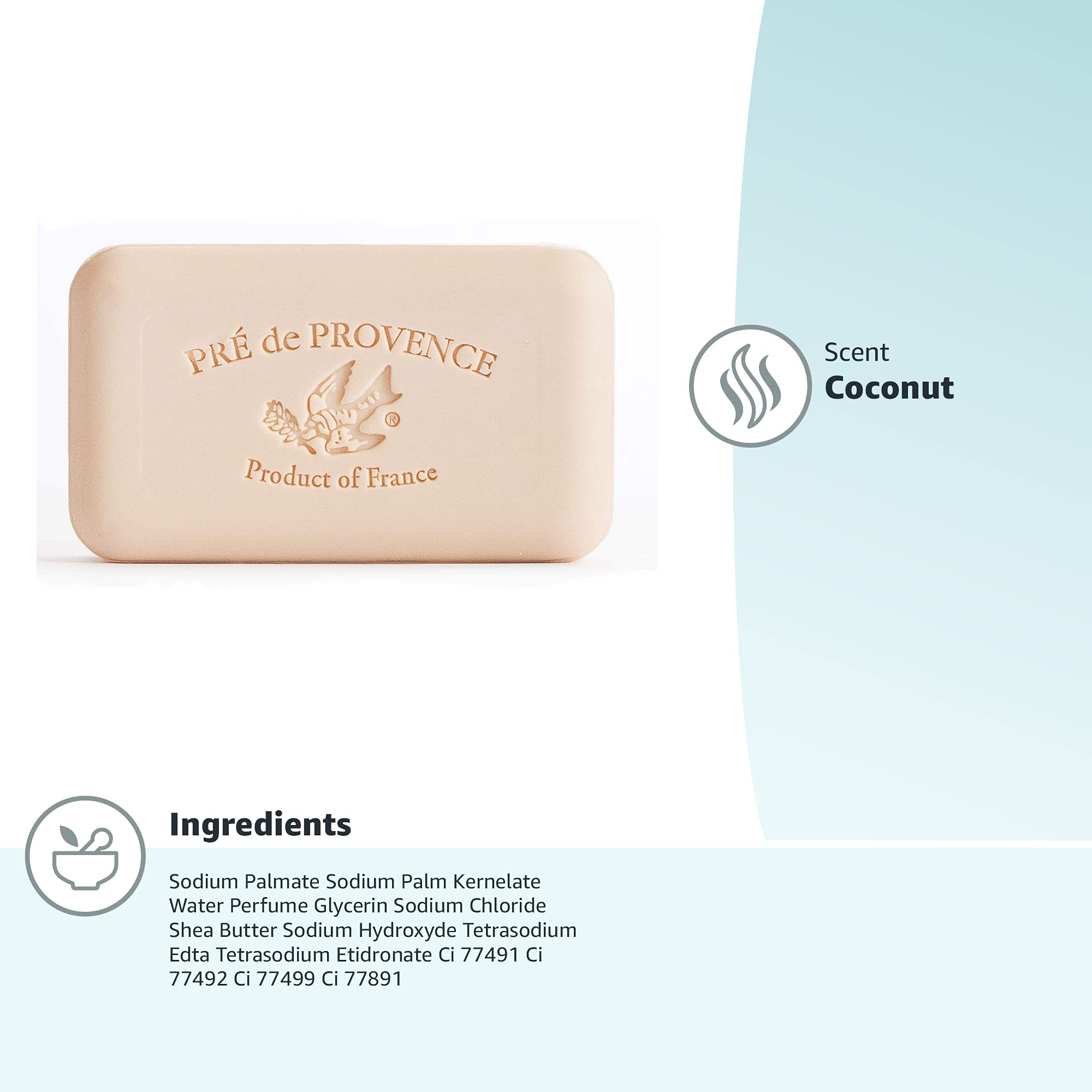 Pre de Provence Artisanal Soap Bar - Natural French Skincare with Organic Shea Butter - Quad Milled for Rich, Smooth & Moisturizing Lather - Coconut Scent - 5.3 oz - Perfect for Spa, Bath & Gift Giving