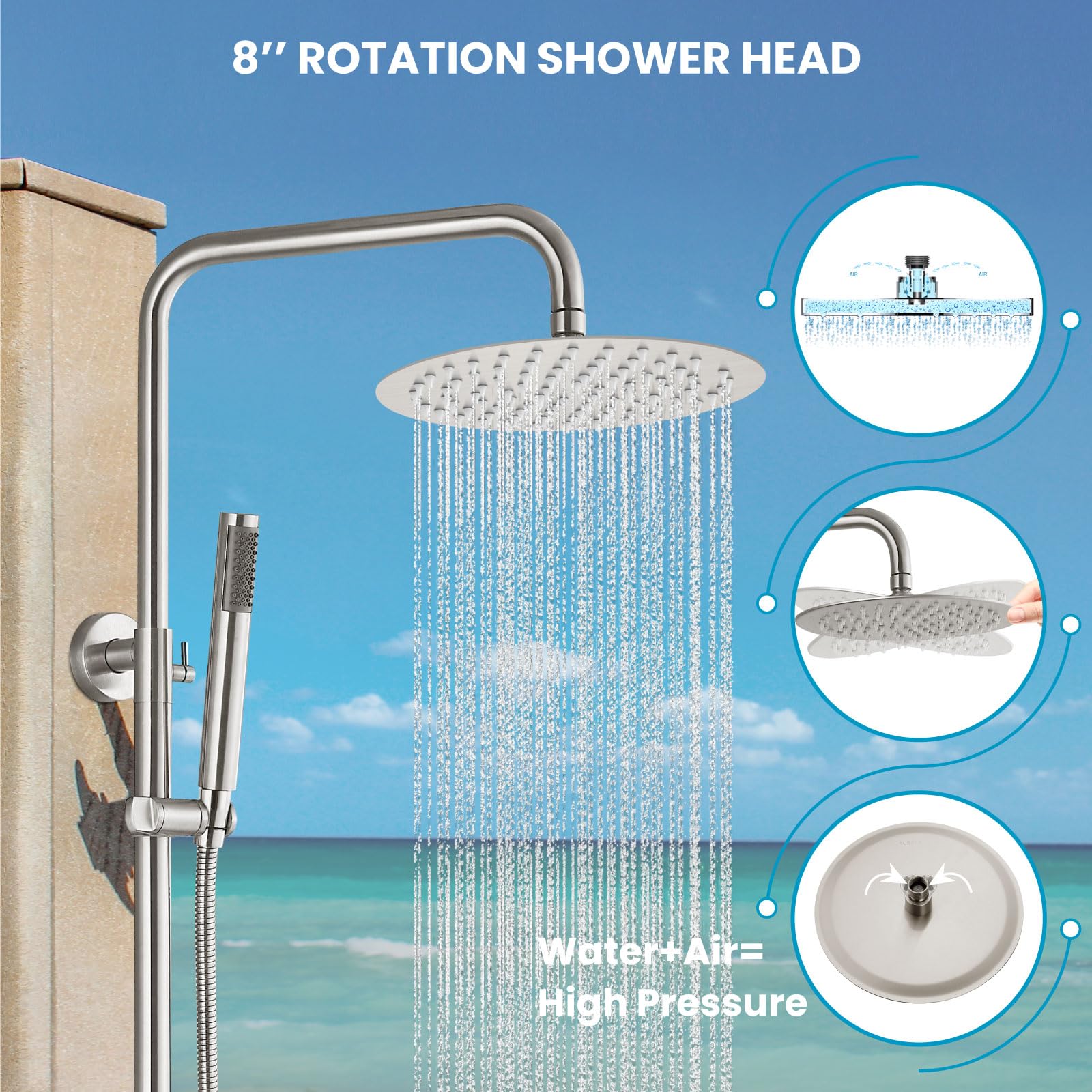 Gotonovo Outdoor Shower Faucet Set - SUS304 Stainless Steel Rainfall Shower Head with High Pressure Hand Spray, 2-Function Wall Mount System in Brushed Nickel (8 Inch) - Perfect for Patio, Poolside, and Garden Use