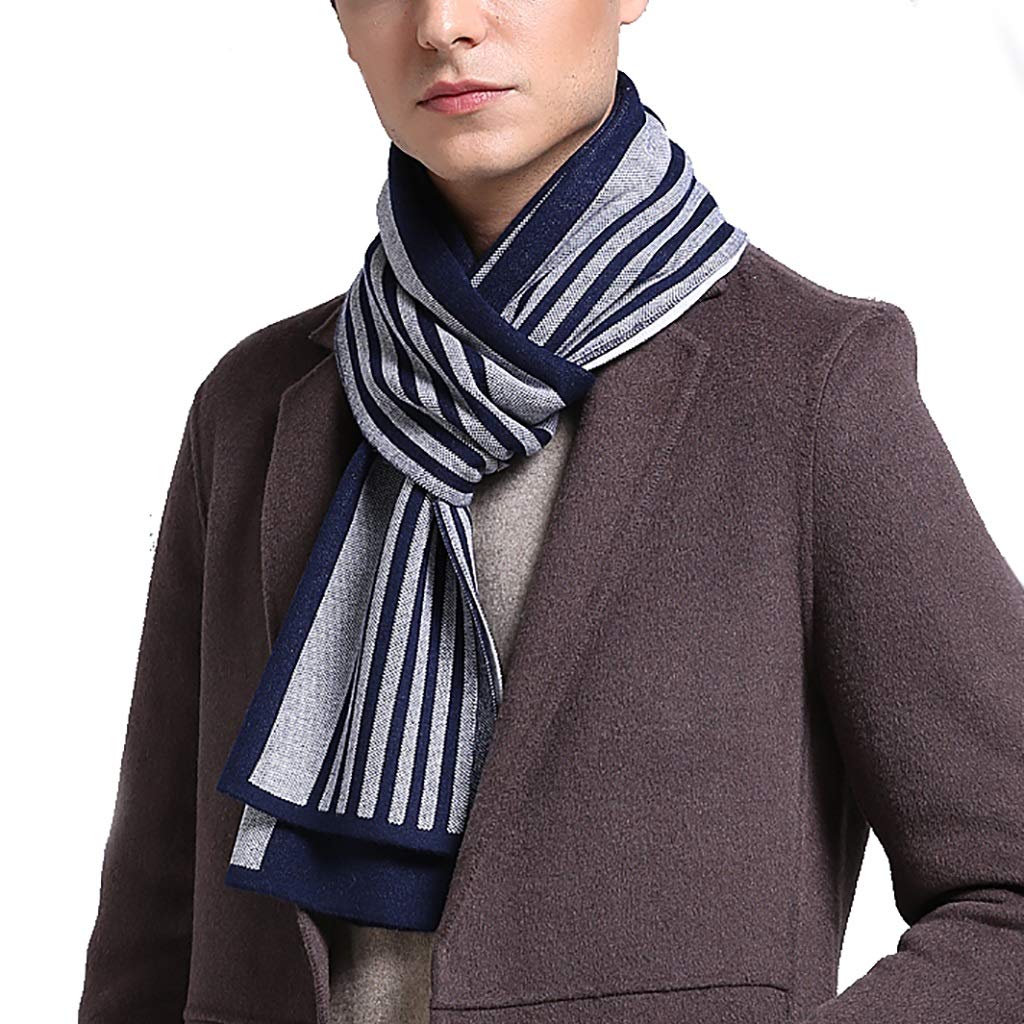 Premium 100% Wool Men's Winter Scarf - Soft Warm Striped Fashion Scarf for Men & Women, Unisex Winter Accessory (Blue) - Perfect for Cold Weather, Office, Travel & Holiday Gifts