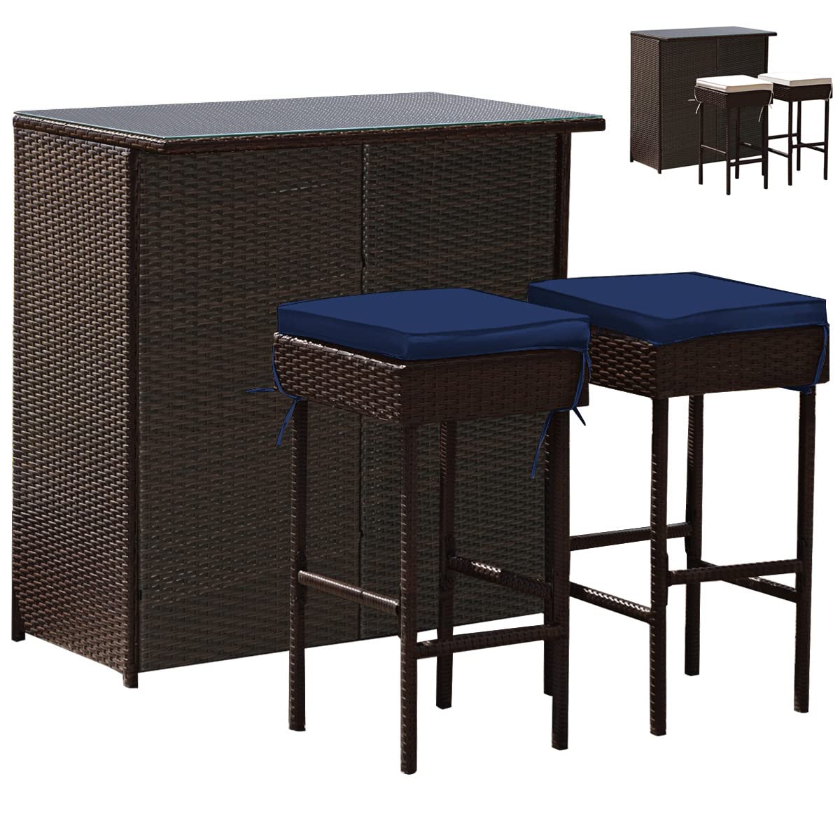 Tangkula 3-Piece Outdoor Patio Bar Set - Rattan Wicker Bar Table with 2 Cushioned Stools & Glass Top - Navy & Off White - Perfect for Backyard, Garden, Poolside & Outdoor Entertaining
