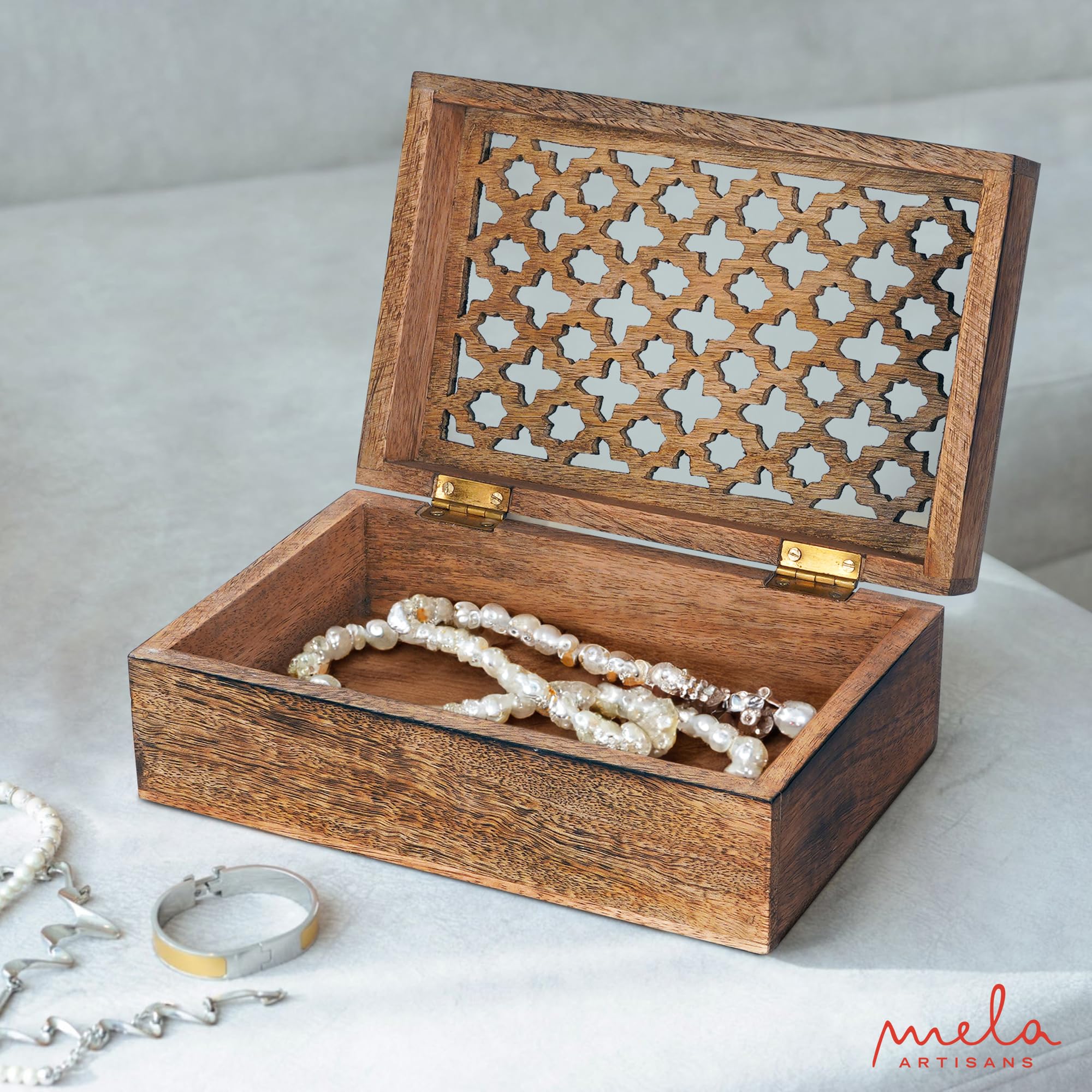 Handmade Burnt Mango Wood Decorative Box with Lid - Large Trellis Keepsake Box for Jewelry, Photos & Memories | 9 x 6 x 3.5 Inches | Rustic Home Decor, Wedding Gift, Storage Organizer