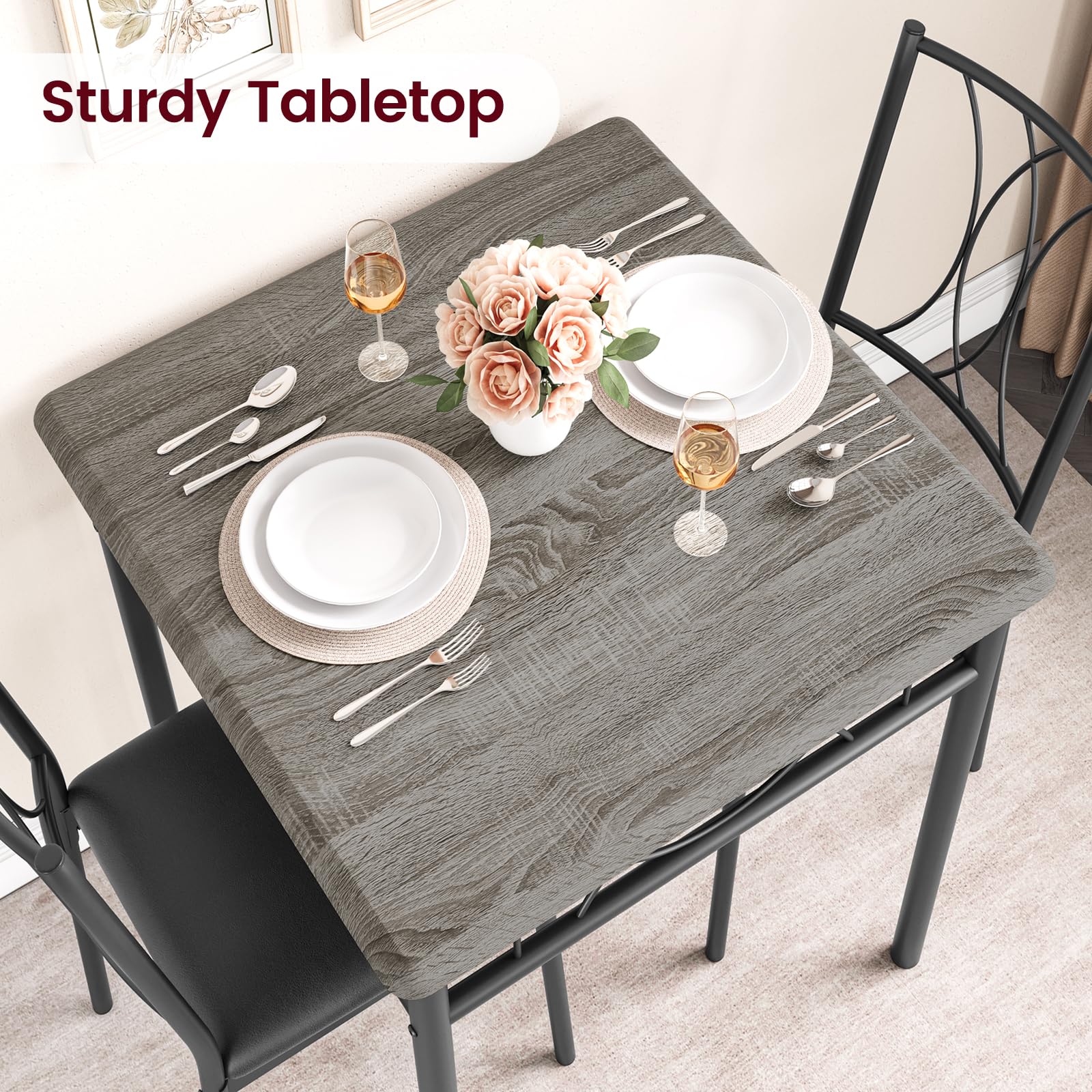 2-Piece Rustic Grey Square Dining Table Set with 2 Upholstered Chairs - Metal & Wood Kitchen Table for Small Spaces & Apartments - Perfect for Breakfast Nooks, Studio Dining, and Cozy Meals