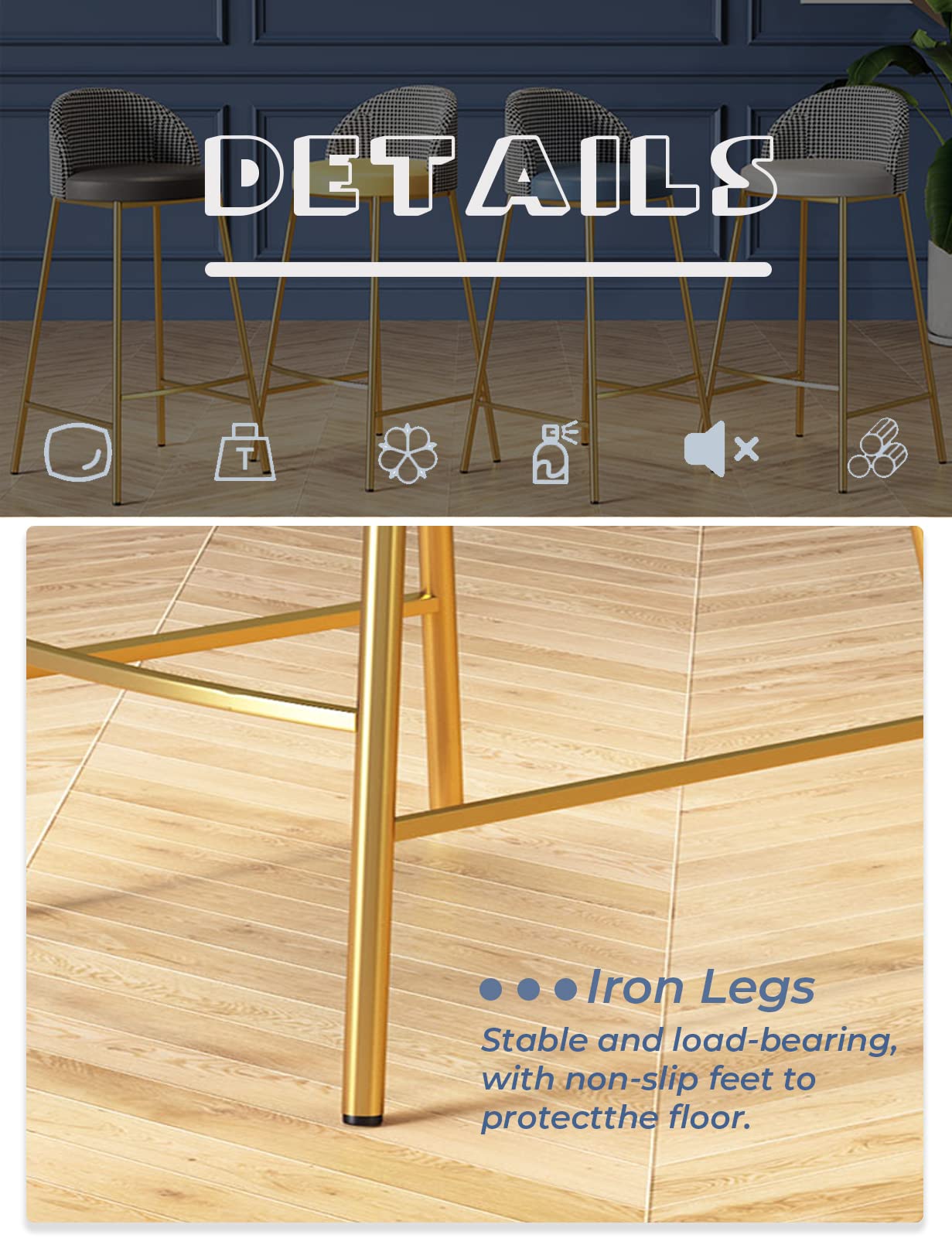 Modern Bar Stools with Back - Faux Leather Upholstered Kitchen Stools, Bold Gold Metal Legs, Industrial Style (65/70/75cm Seat Height) - Perfect for Farmhouse Kitchen, Home Bar, Pub & Restaurant Decor