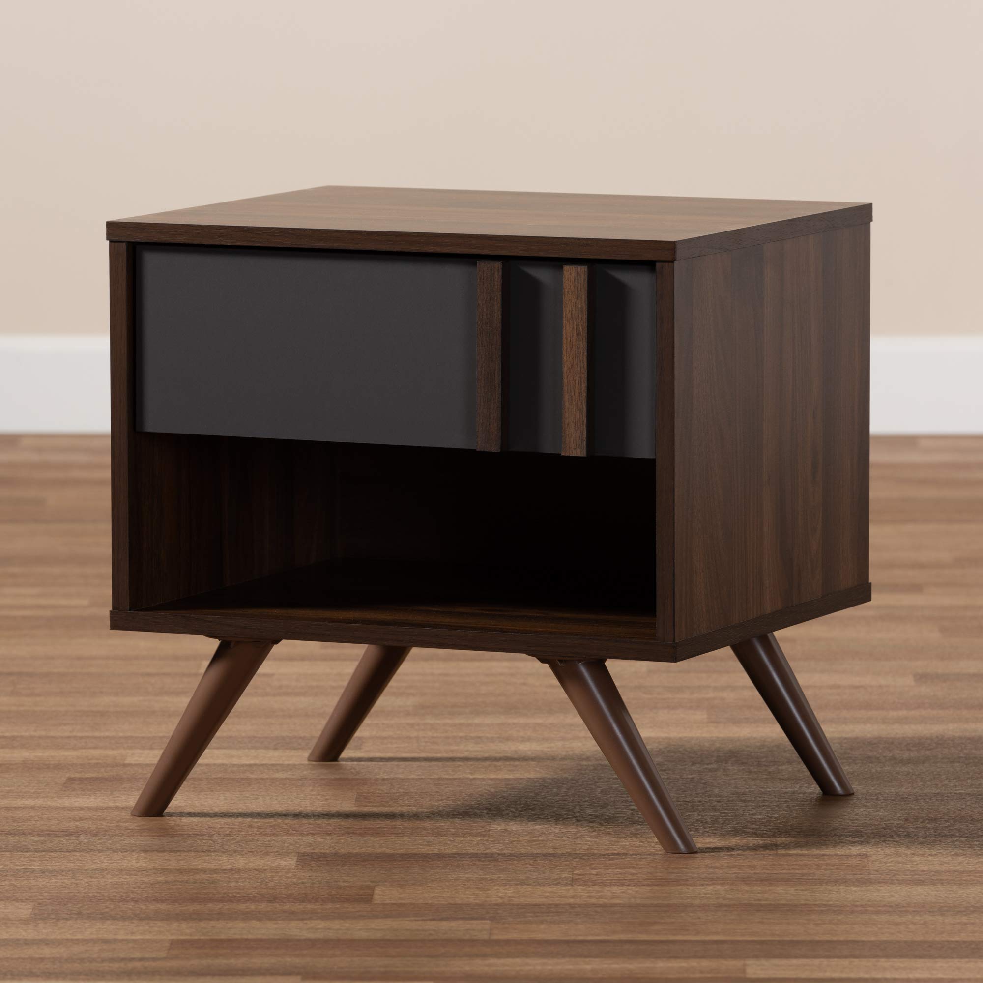 Baxton Studio Modern Nightstand with Drawer - Grey/Walnut Finish Bedside Table for Bedroom Furniture & Home Decor