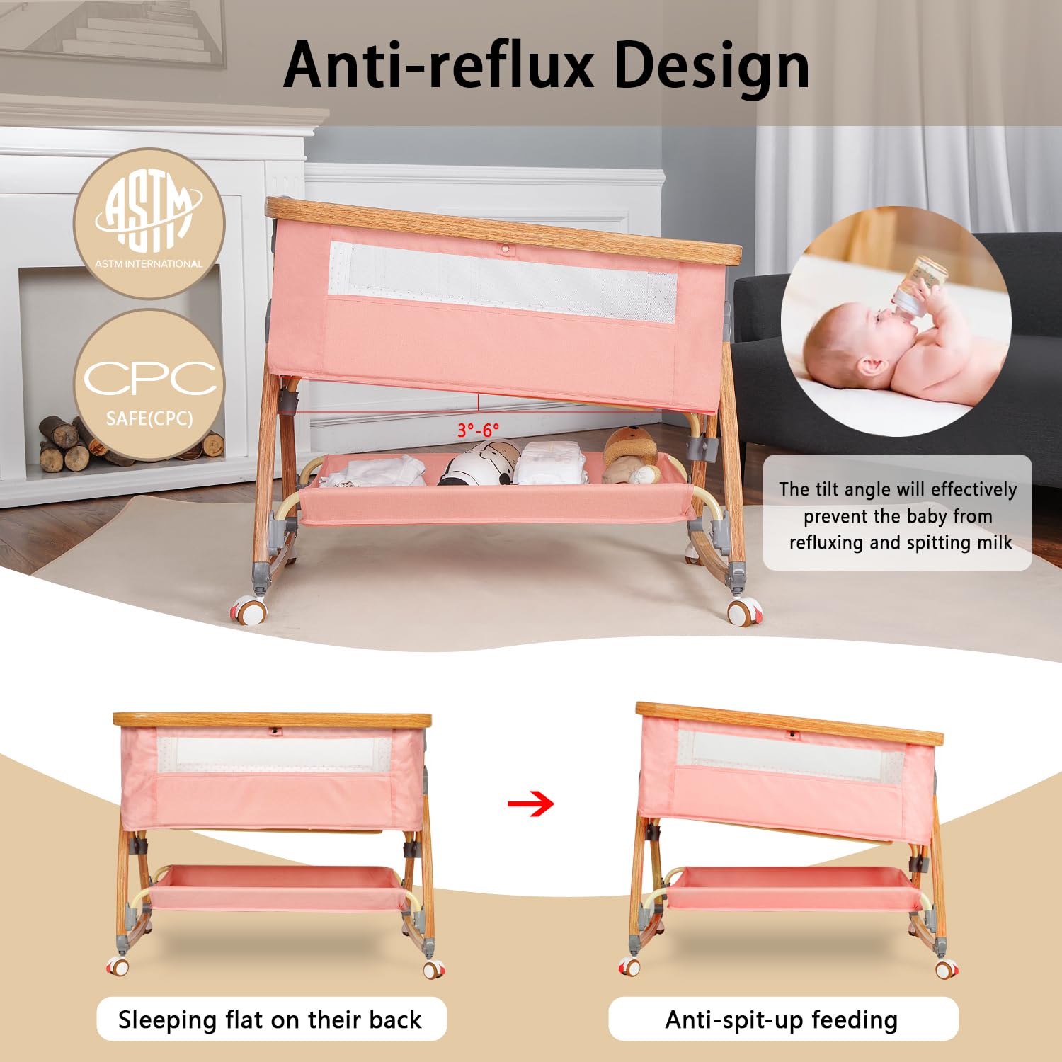 Adjustable Baby Bassinet with Wheels & Mosquito Net - 6 Height Settings, 3-in-1 Portable Bedside Sleeper Crib for Newborns, Infants & Toddlers (Pink) - Perfect for Nursery, Bedroom & Travel Use