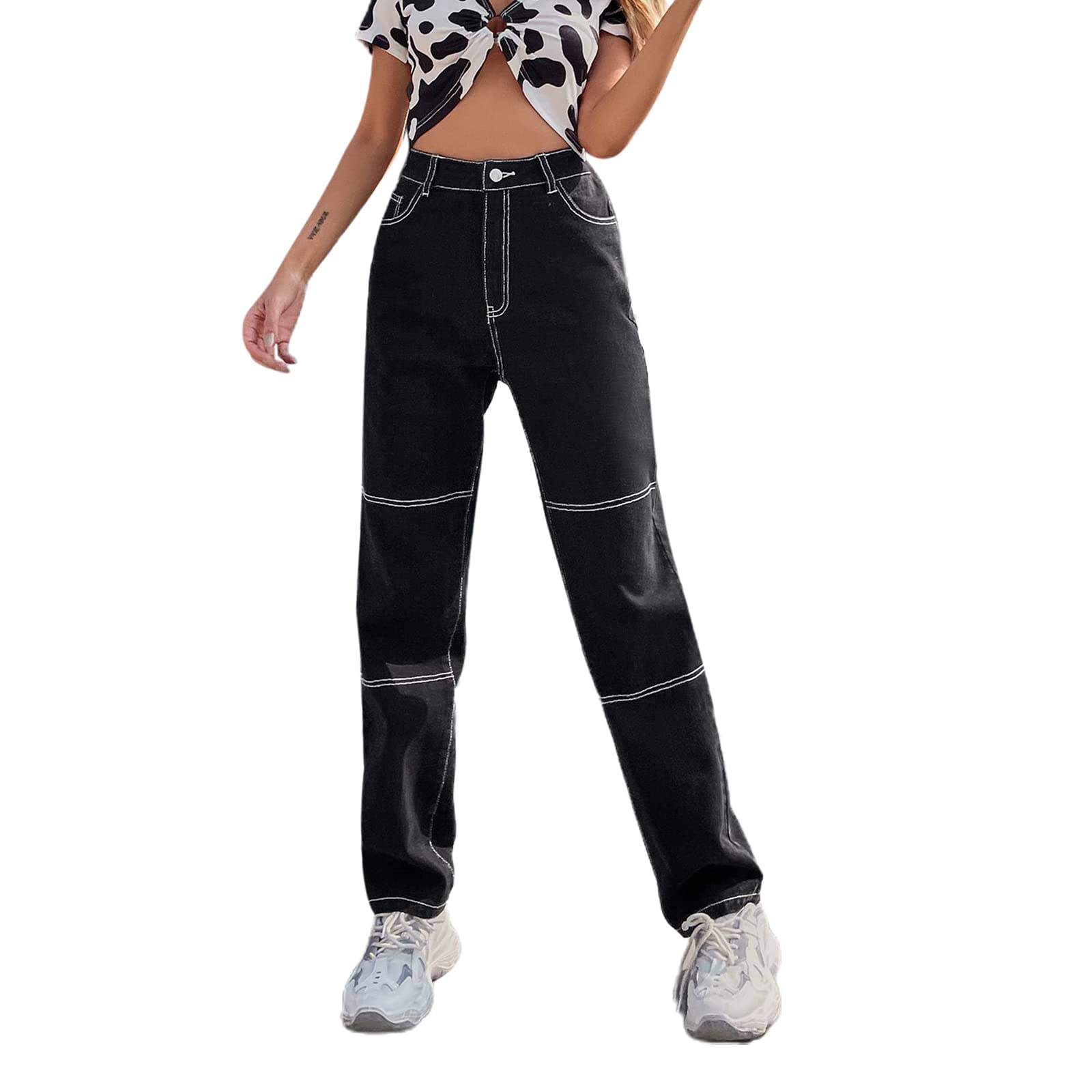 FOMOYUU Women's Loose Fit Printed Jeans - Y2K Style Straight Leg Wide Pants for Streetwear & Casual Outfits | Perfect for Daily Wear, Parties, and Fashion Trends