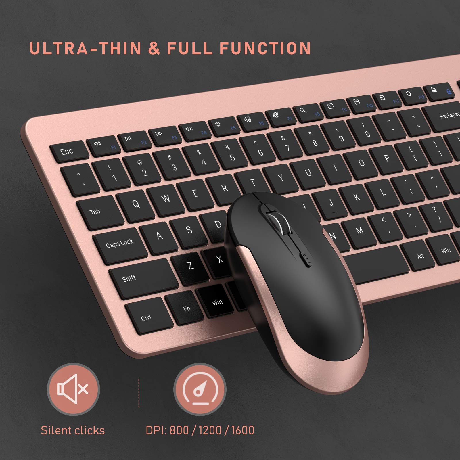 Seenda Rechargeable Wireless Keyboard and Mouse Combo - Full Size Cordless Keyboard with Built-in Lithium Battery, Ultra Thin Quiet Keyboard & Mouse Set (Rose Gold & Black) for Office, Home, Gaming & Remote Work